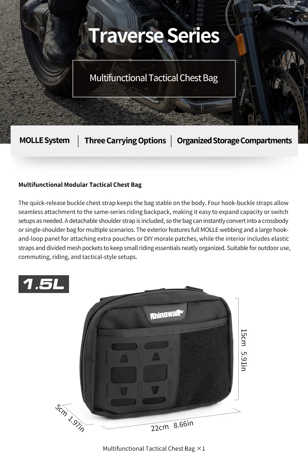 Rhinowalk Motorcycle Chest Bag Vest Crossbody Bags Cycling Multifunctional Tactical Excluding Backpack