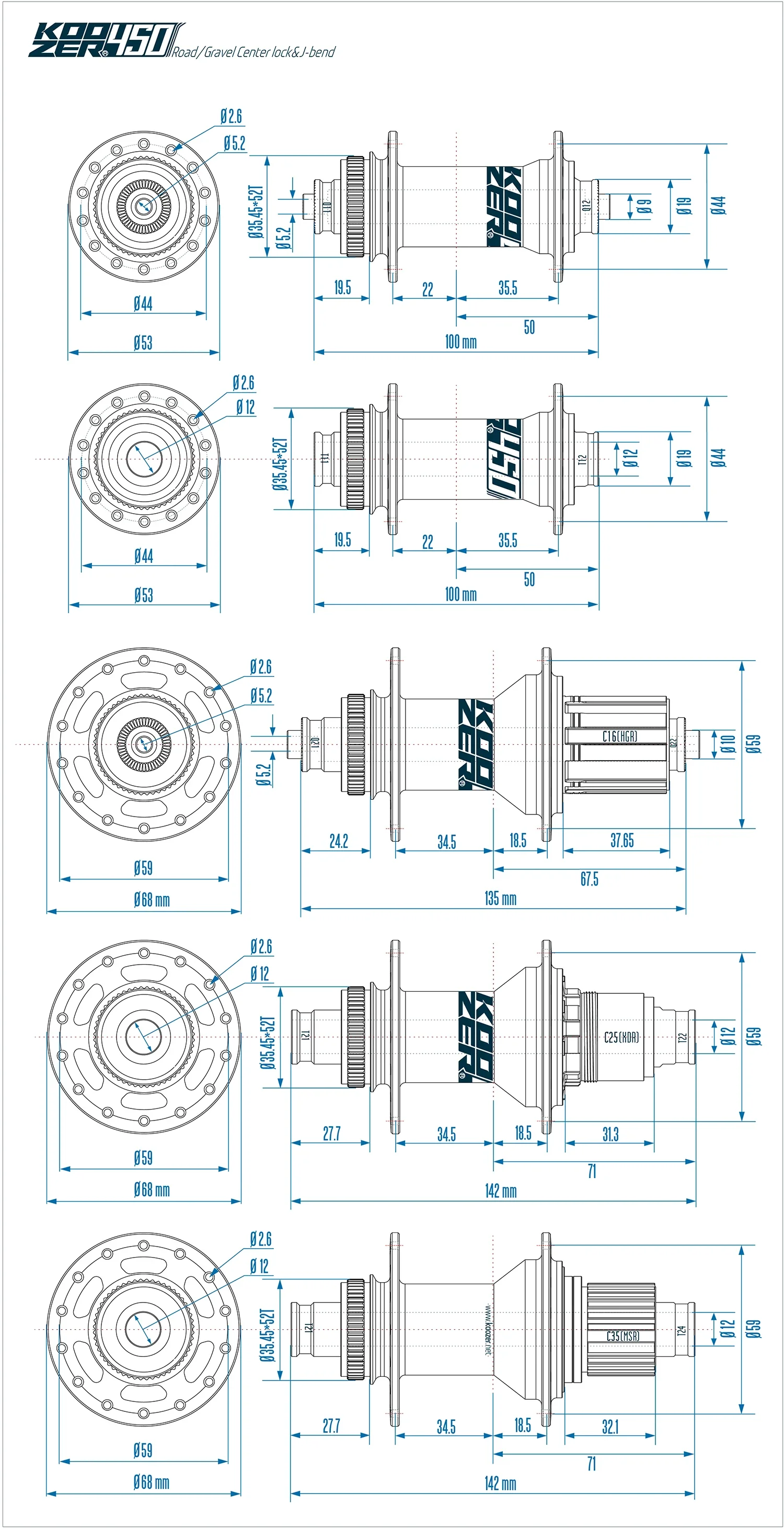 Koozer 450 Road/Gravel 32H 28 Holes MSR HGR XDR 8-12s 5x100 5x135mm QR 12x100 12x142mm Thru Bike Parts Center Lock Bicycle Hubs