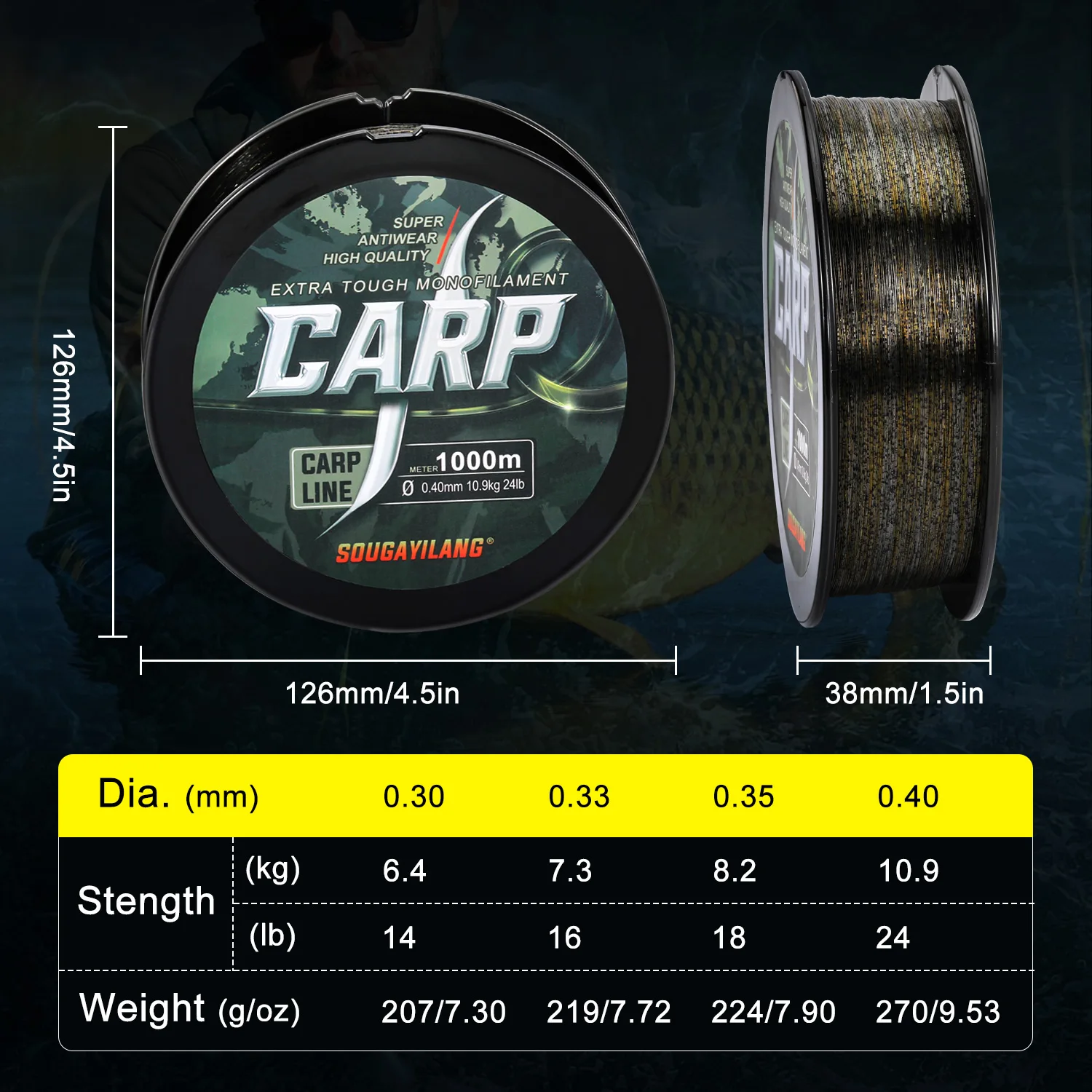 Sougayilang Carp Fishing Line 1000m Nylon Monofilament Line 14-24lb Max Drag Powerful Nylon Line for Carp Fishing