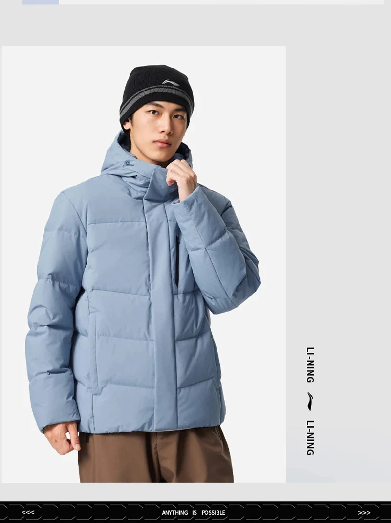 Li-Ning Men's Training Hooded Short Duwn Jacket LN FIR WARM LN WATER PROOF Reflective LiNing Fitness Sport Coats AYMV153