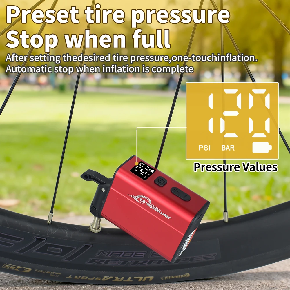 Electric Bike Air Pump Fast Inflation with Gauge 120PSI Tire Inflator Aluminum Alloy Pump with Presta & Schrader & Clik Valve