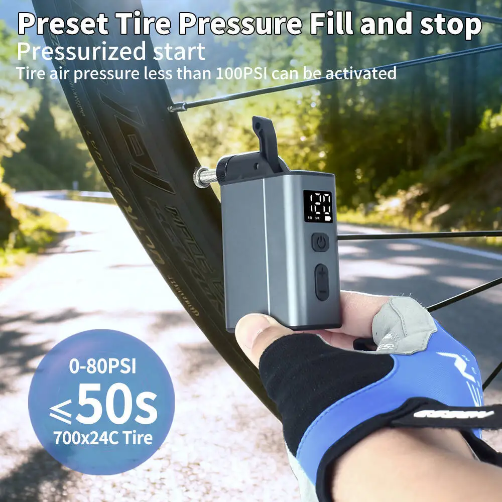 Electric Bike Air Pump Fast Inflation with Gauge 120PSI Tire Inflator Aluminum Alloy Pump with Presta & Schrader & Clik Valve