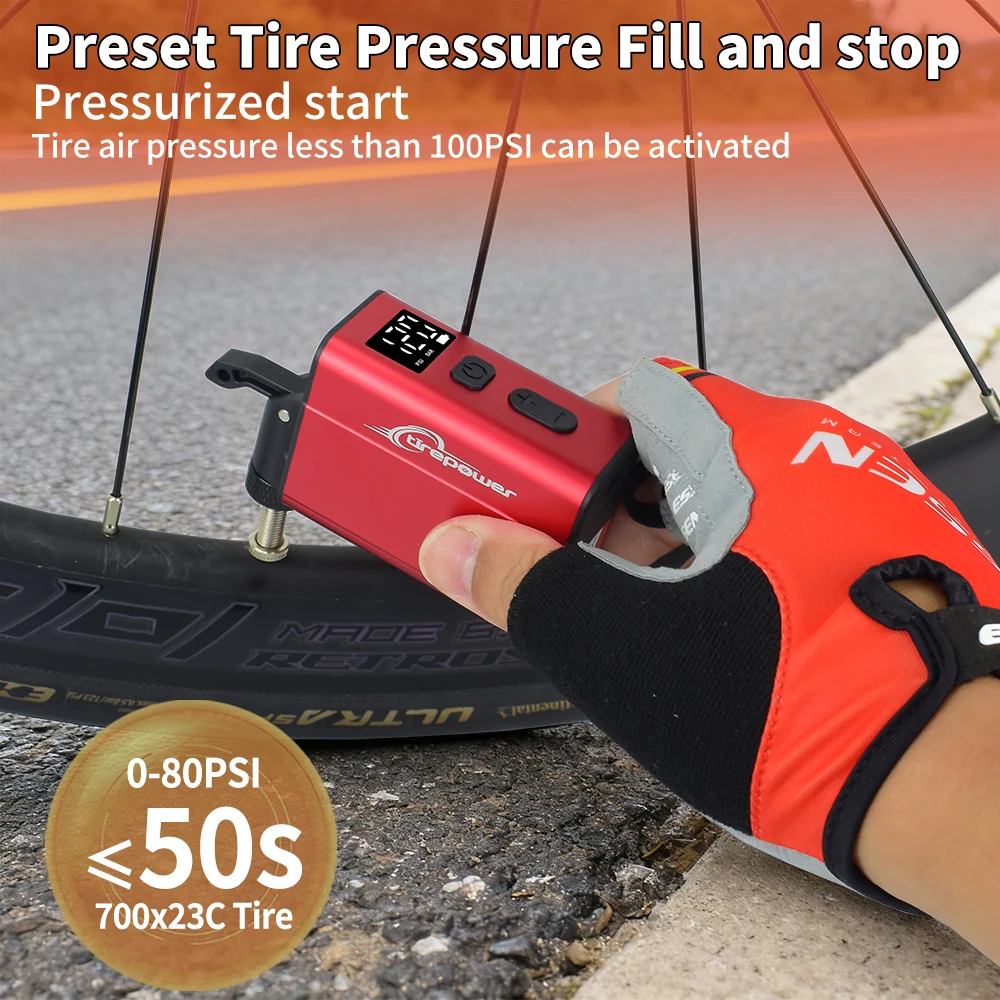 Electric Bike Air Pump Fast Inflation with Gauge 120PSI Tire Inflator Aluminum Alloy Pump with Presta & Schrader & Clik Valve