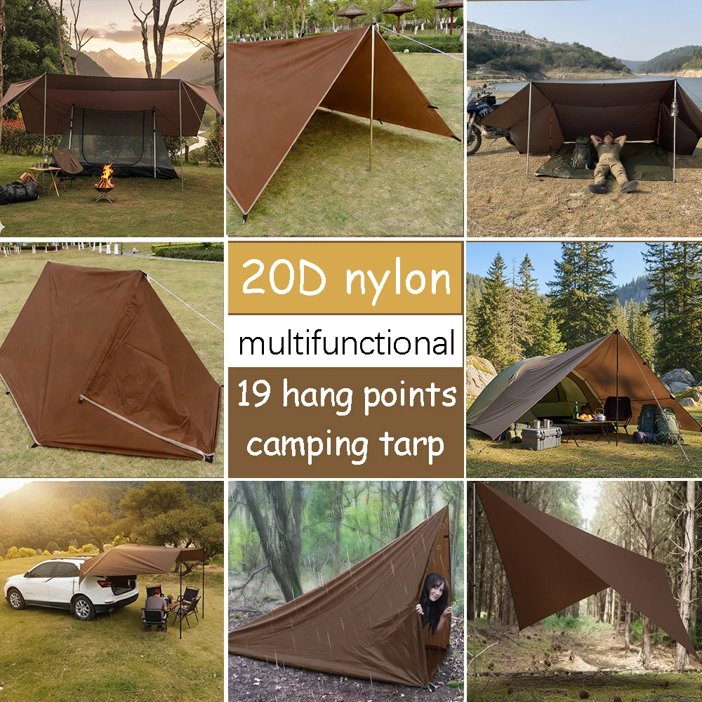 20D Nylon 19 Hang Points Camping Tarp 3x3 Waterproof Flame-retardant Lightweight Hiking Flysheet Outdoor Trekking Tarp Shelter