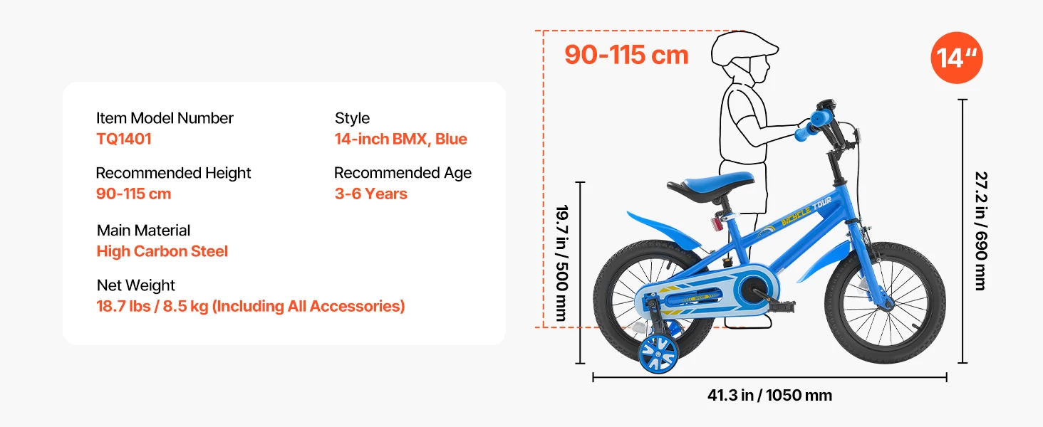 SucceBuy 14/16/18in Kids Bike BMX Style Children Bicycle with Training Wheels Toddler Bike for Boys & Girls Learning to Ride