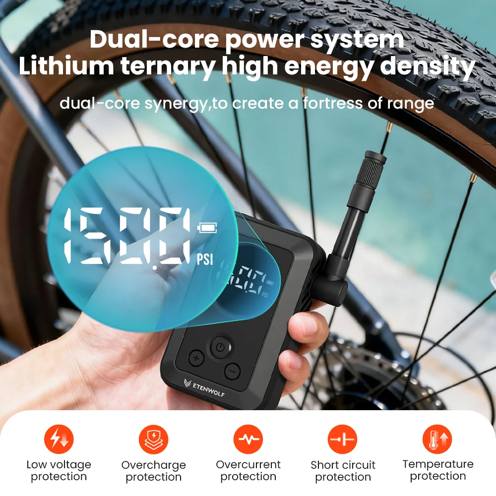 New ETENWOLF S0 Mini Electric Bike Pump Cordless 2400mAh Portable Tire Pump w/ Screen For Motorcycles Balls 150PSI Max Pressure