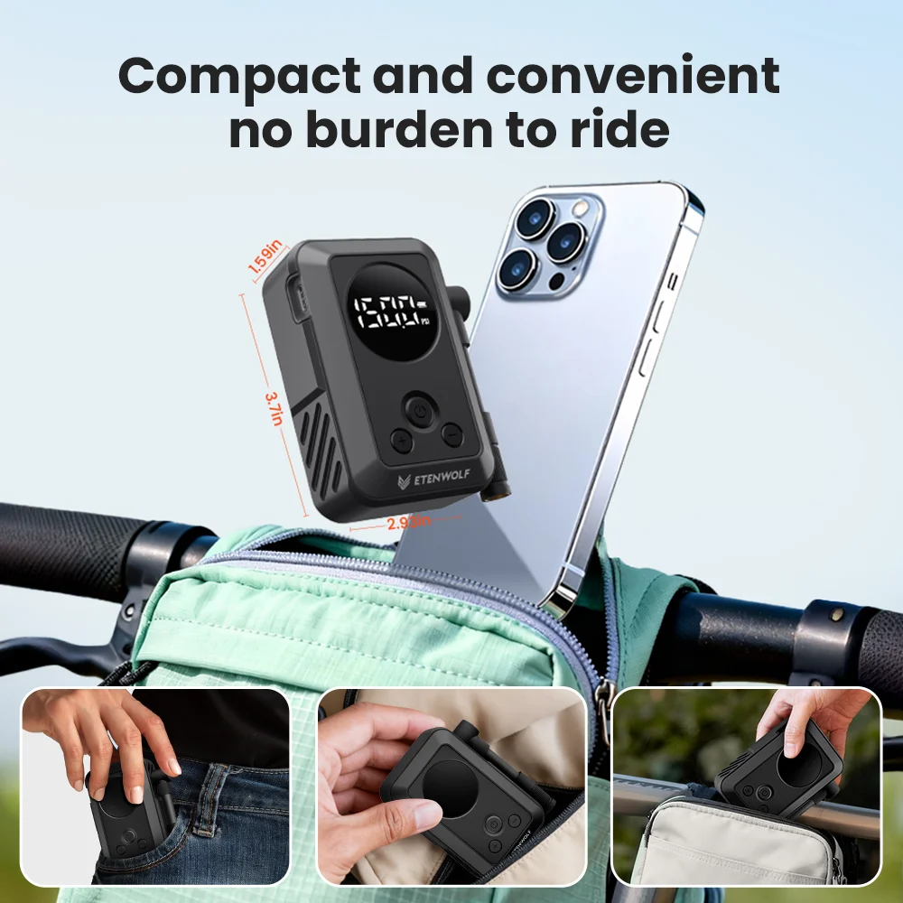 New ETENWOLF S0 Mini Electric Bike Pump Cordless 2400mAh Portable Tire Pump w/ Screen For Motorcycles Balls 150PSI Max Pressure
