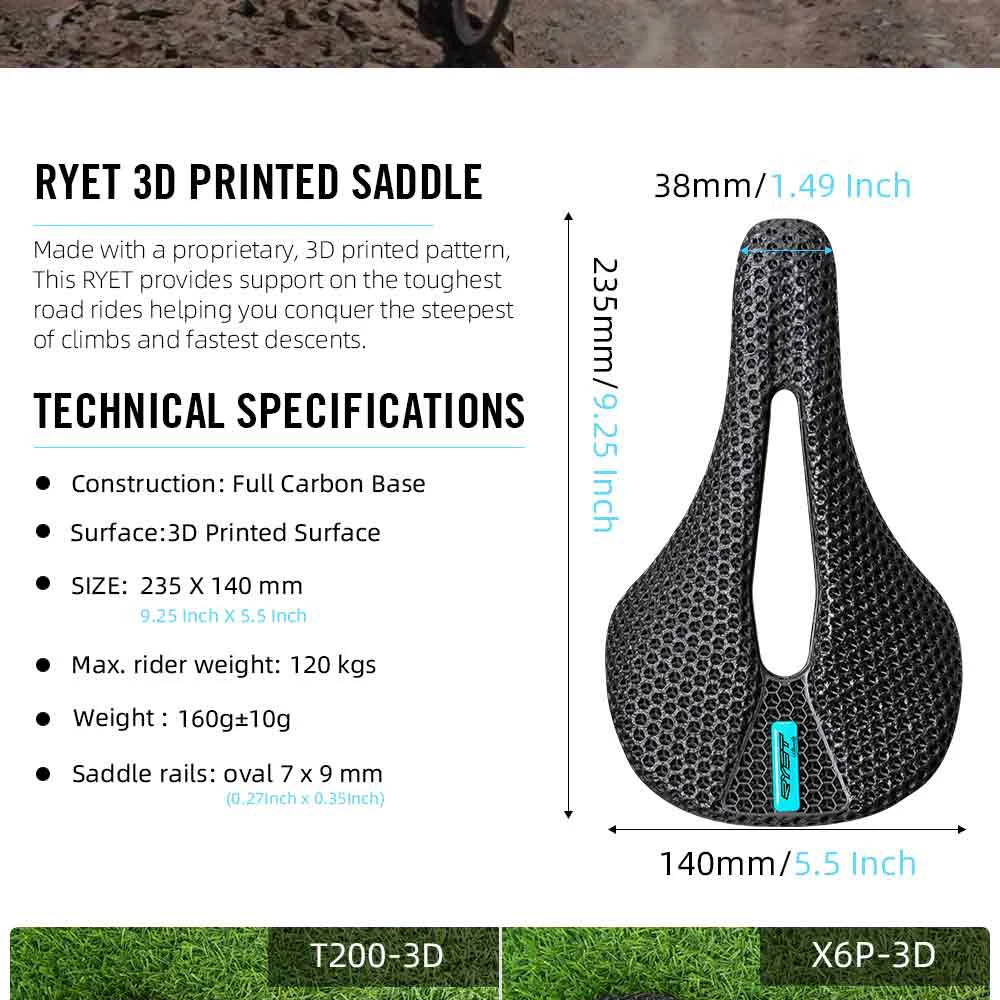 RYET X6P T200 Super Light Carbon Saddle 110g 125g 160g 3D Printed or EVA Foam 7x9mm Rail 140mm 142mm Road Racing Bike Seat