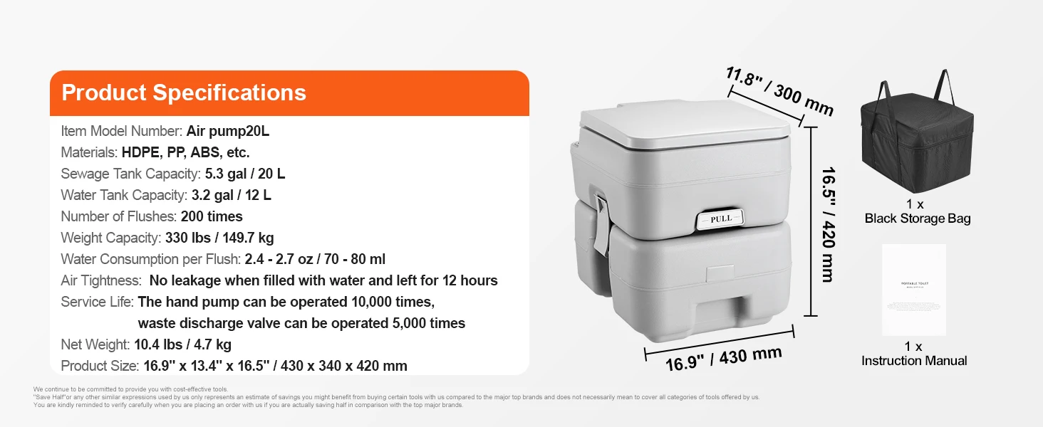 SucceBuy Portable Toilet for Camping with Carry Bag, RV Toilet with 3.2/5.3 Gal Waste Tank Push-Button Pressurized Flush Commode