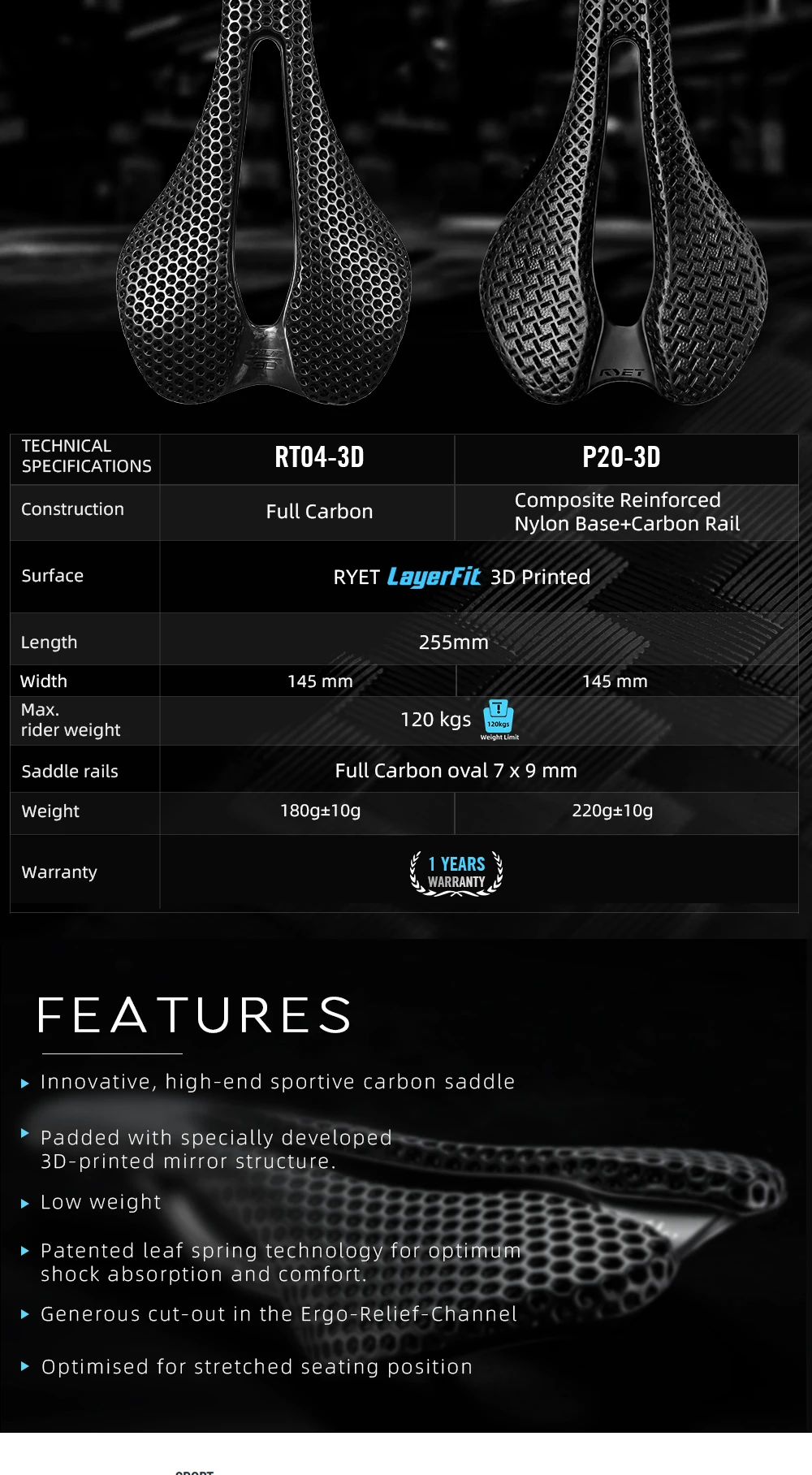 2026 RYET Carbon 3D Printed Bike Saddle, 145mm Light Road MTB Mountain Racing Bicycle Seat Cushion Cycling Seating Accessories