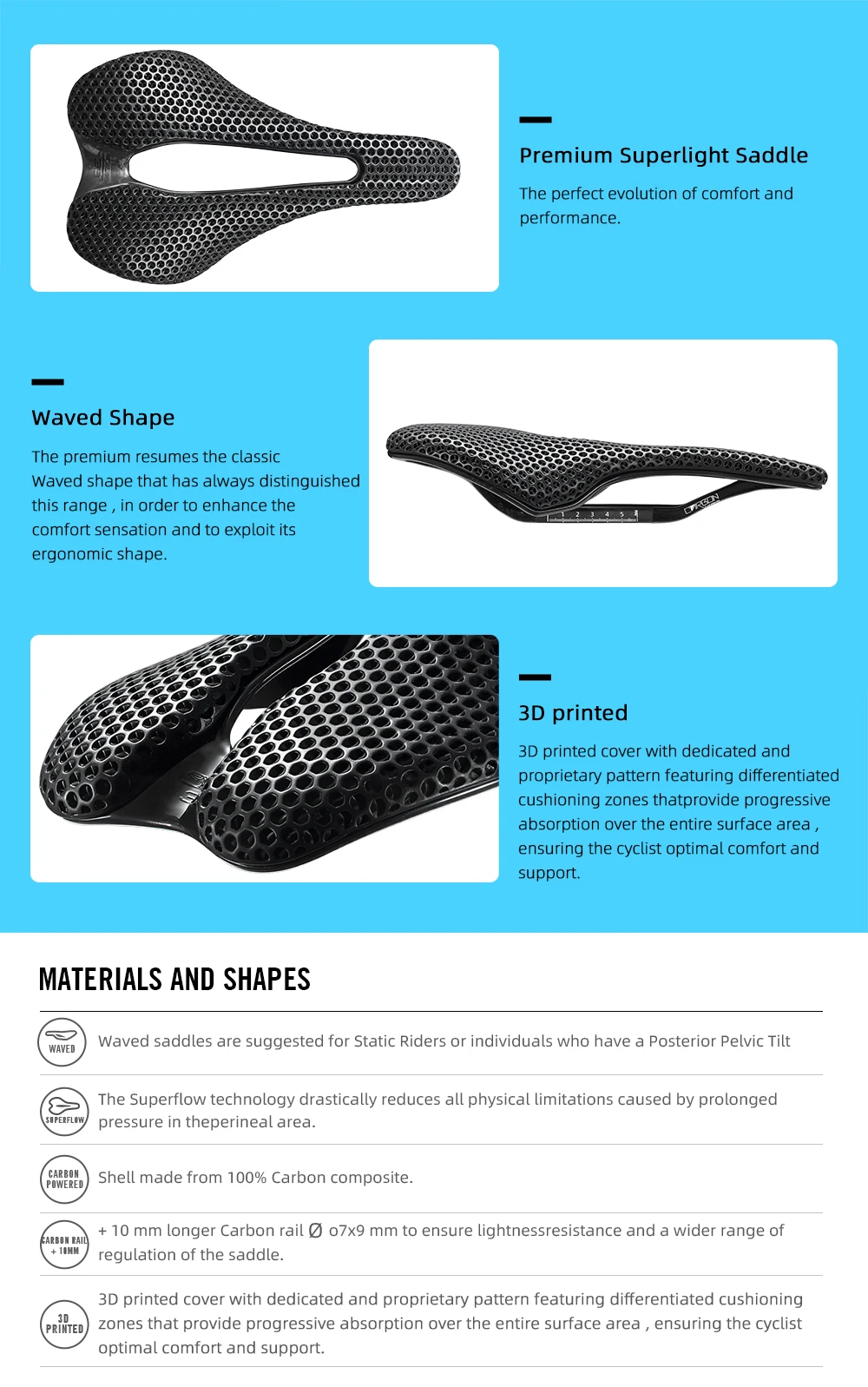 2026 RYET Carbon 3D Printed Bike Saddle, 145mm Light Road MTB Mountain Racing Bicycle Seat Cushion Cycling Seating Accessories