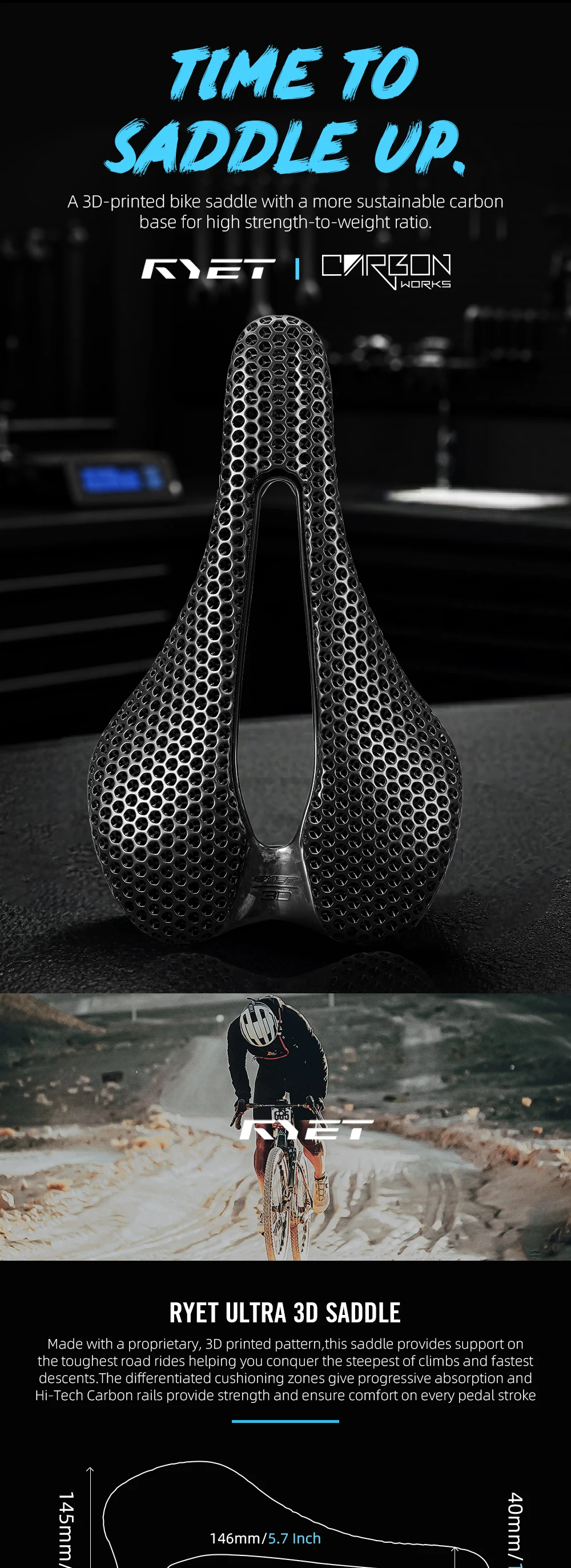 2026 RYET Carbon 3D Printed Bike Saddle, 145mm Light Road MTB Mountain Racing Bicycle Seat Cushion Cycling Seating Accessories