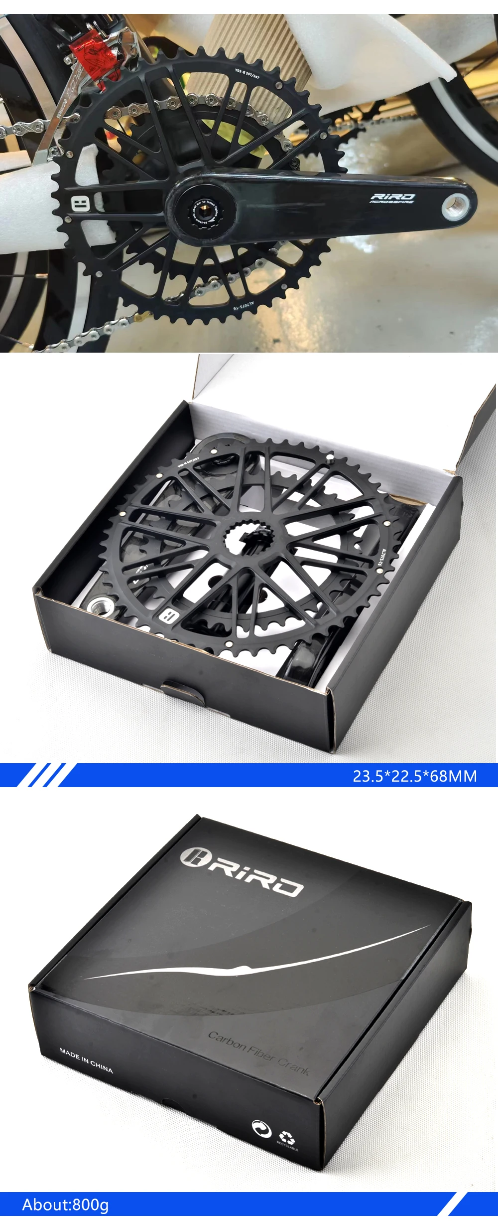 RIRO Carbon Fiber Road Crankset 29MM 50-34/52-36/53-39T Compatible with 11/12 Speed Shimano Direct Mount /110/130BCD Chainrings