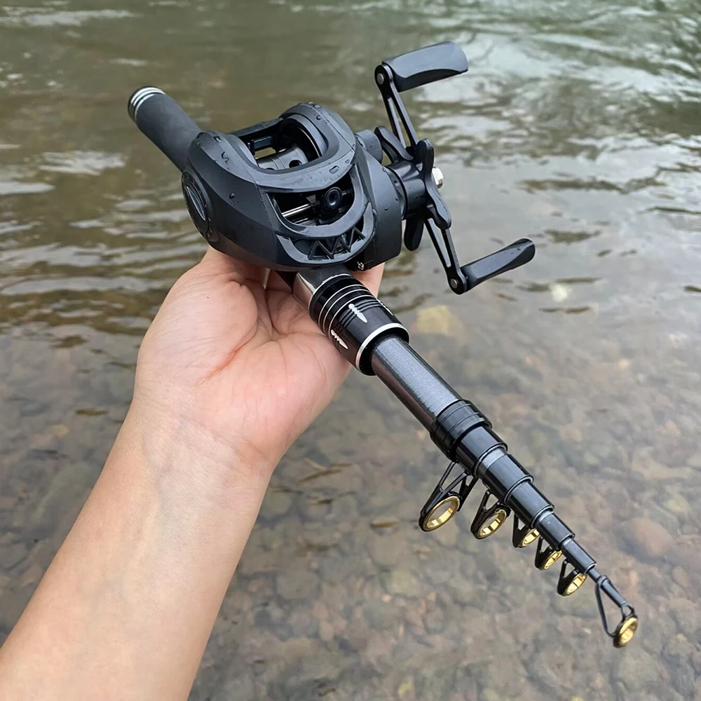 Mini Shrink 31cm Portable Fishing Rod Kit 1.5-2.1M Telescopic Carbon Trave Pole High Speed 7.2:1 Baitcasting Reel Carp Fishing