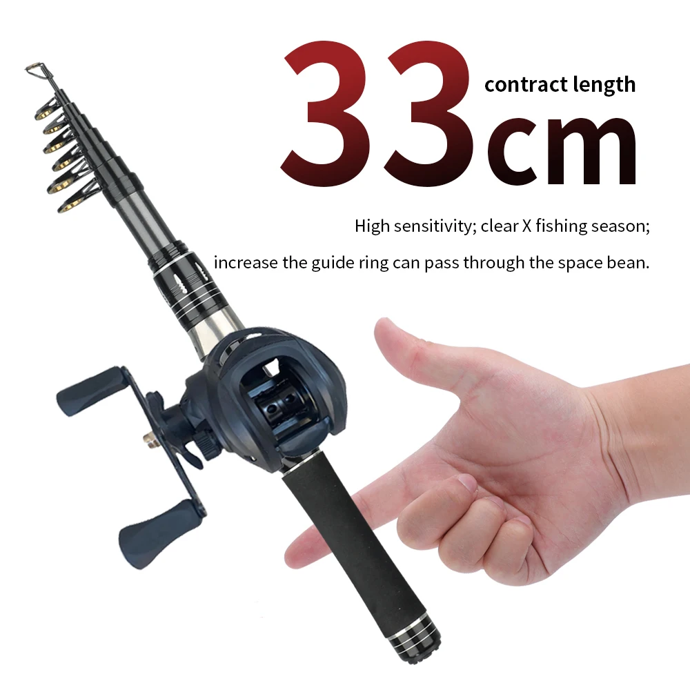 Mini Shrink 31cm Portable Fishing Rod Kit 1.5-2.1M Telescopic Carbon Trave Pole High Speed 7.2:1 Baitcasting Reel Carp Fishing