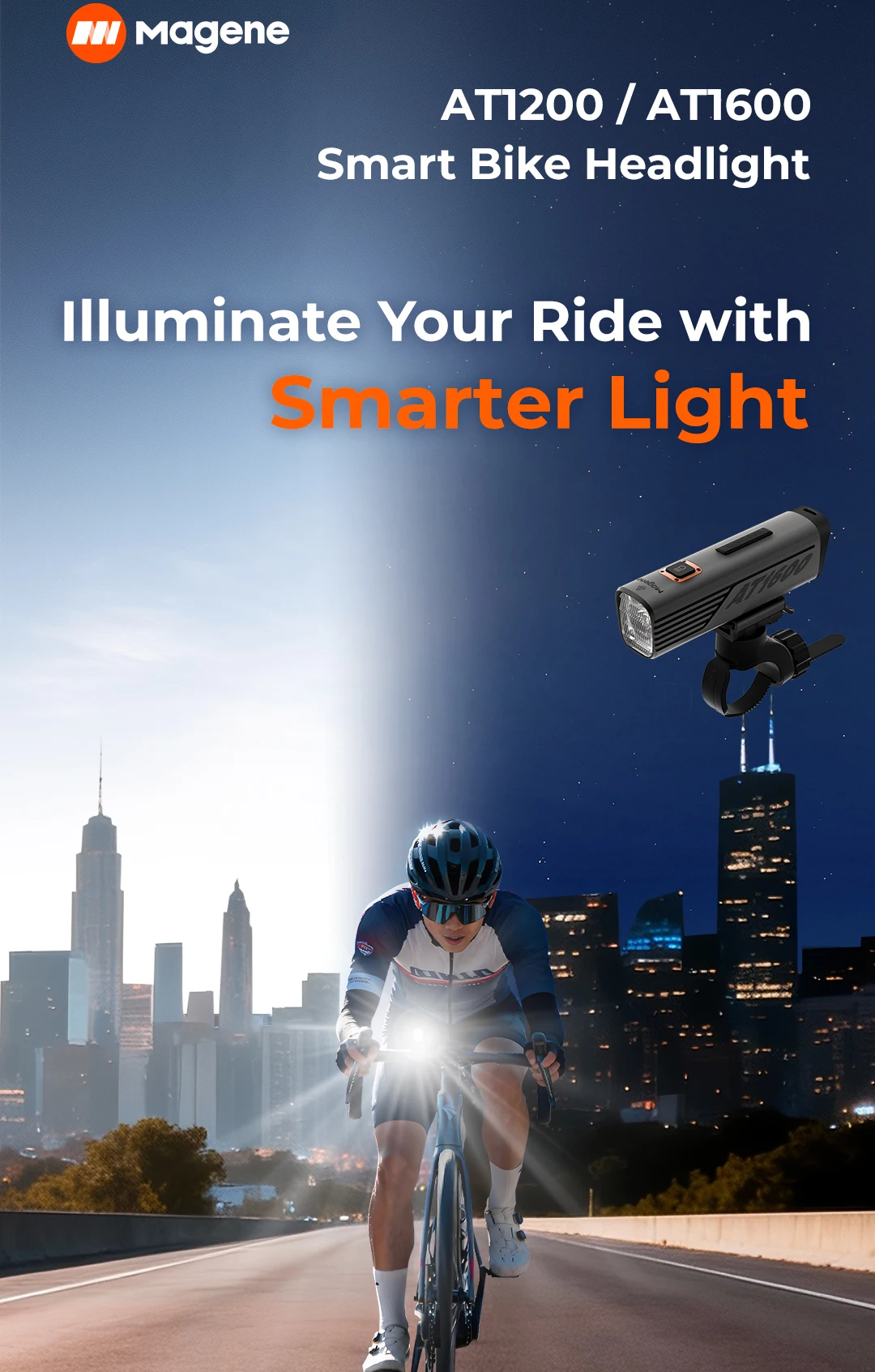 Magene AT1600 Smart Bike Headlights Bright Lumens 85h Battery Rechargeable Bicycle Light Front Compatible with Garmin Edge 530
