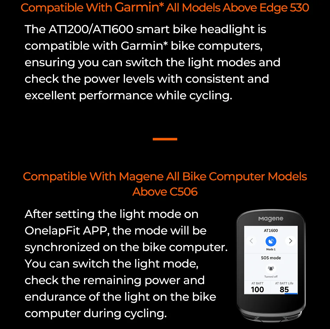 Magene AT1600 Smart Bike Headlights Bright Lumens 85h Battery Rechargeable Bicycle Light Front Compatible with Garmin Edge 530