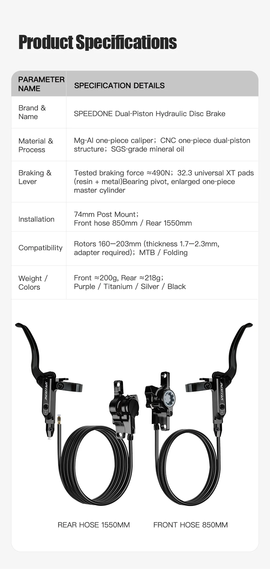 SPEEDONE Bicycle MTB Hydraulic Brake Aluminum Alloy Caliper 2 Piston Brake Brake Set Post Mount Bicycle Mineral Oil Disc Brake