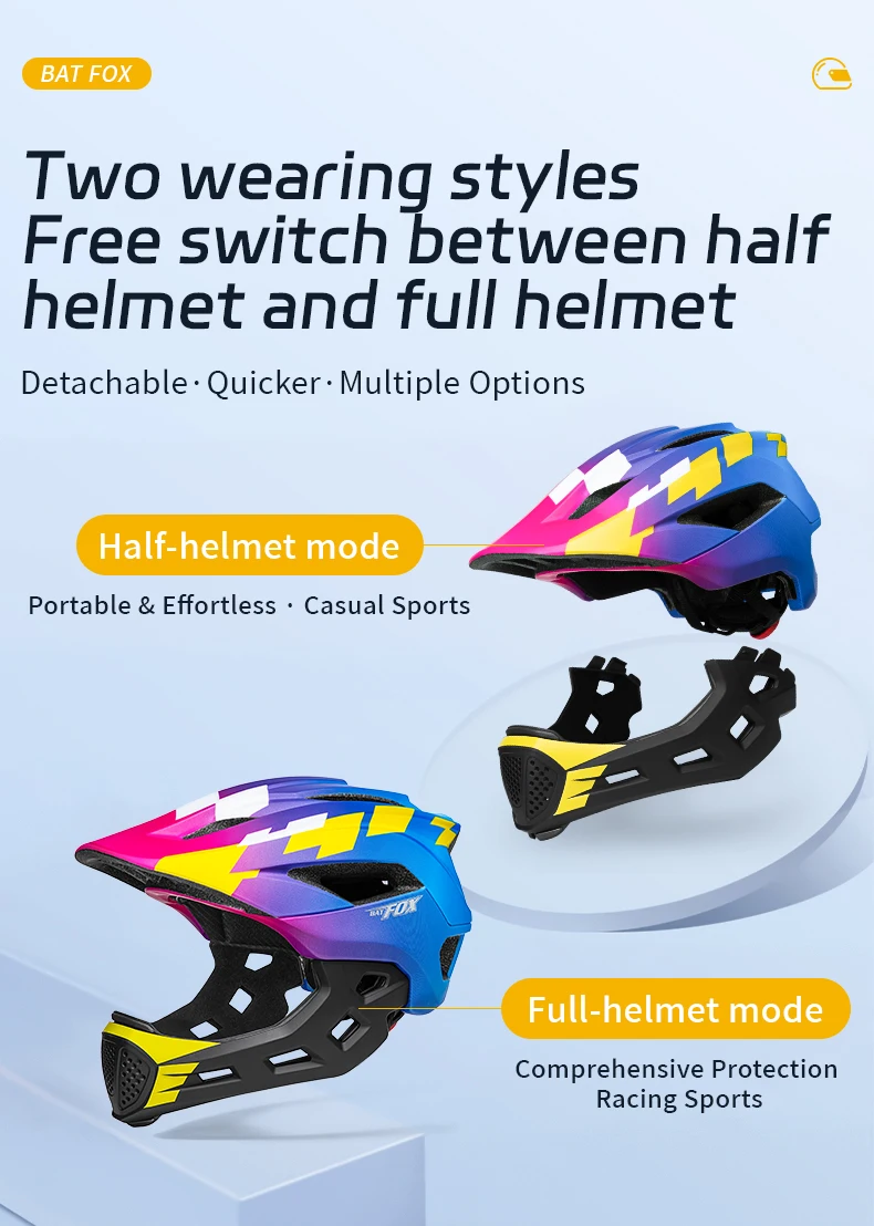 BATFOX Kids Full Face Bicycle Helmet Detachable Chin Children Scooter Skateboard Balance Bike Helmets Cycling Safety Sports Gear