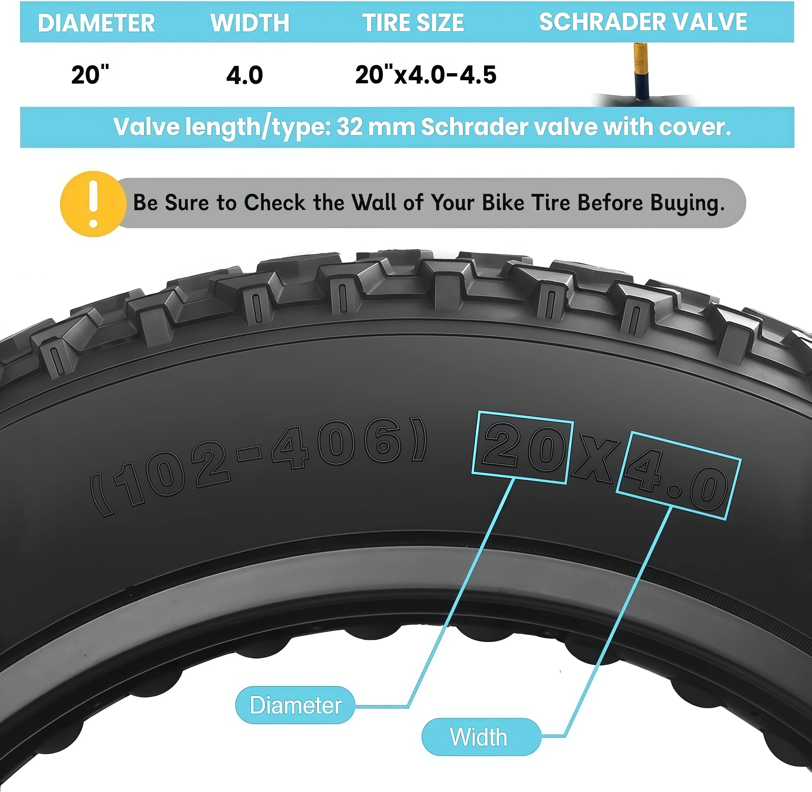 2 Pack Fat Bike Tire Inner Tube 20x4.0 Premium Butyl Rubber Electric Bicycle Tubes for Snowbike AV 32mm Schrader Valve