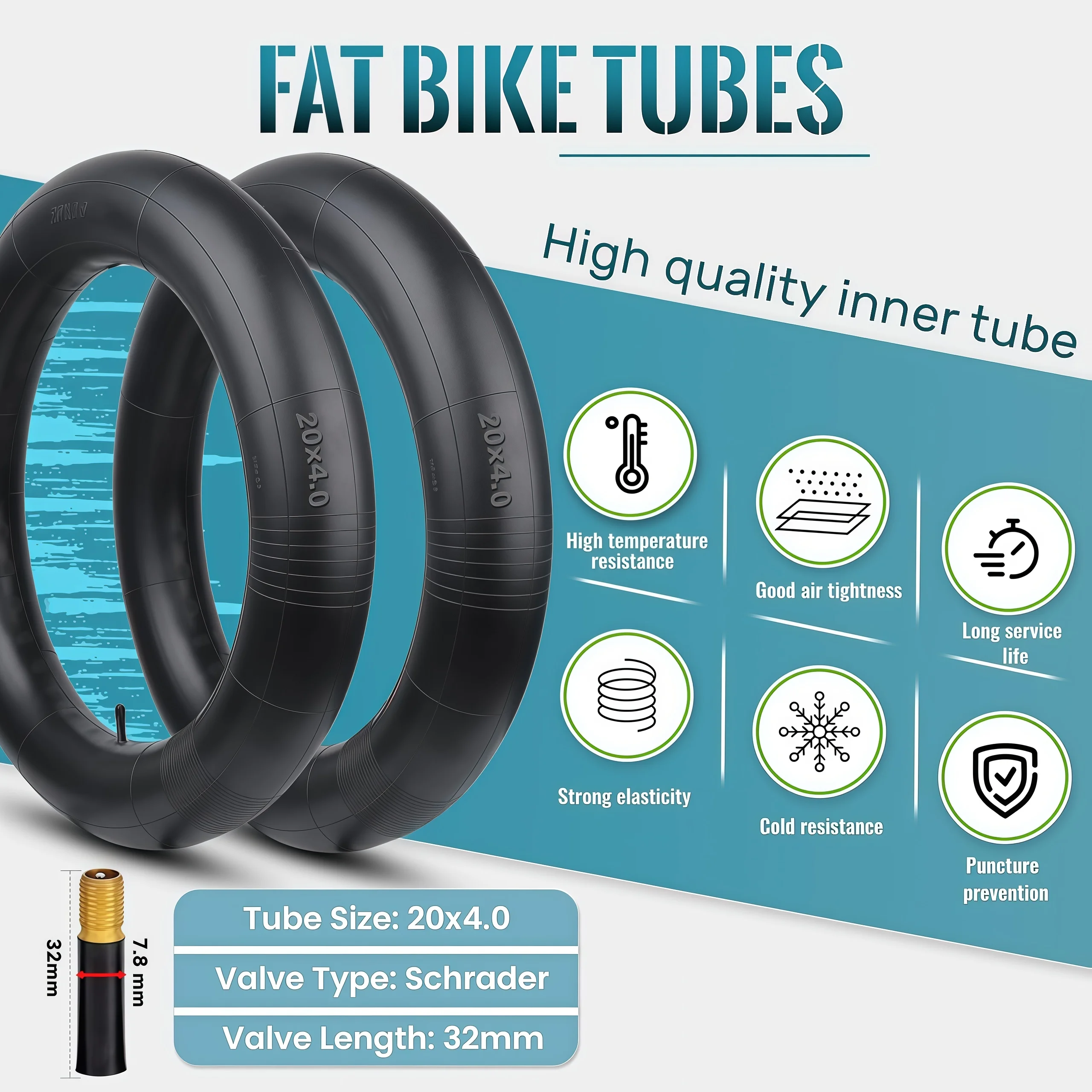 2 Pack Fat Bike Tire Inner Tube 20x4.0 Premium Butyl Rubber Electric Bicycle Tubes for Snowbike AV 32mm Schrader Valve