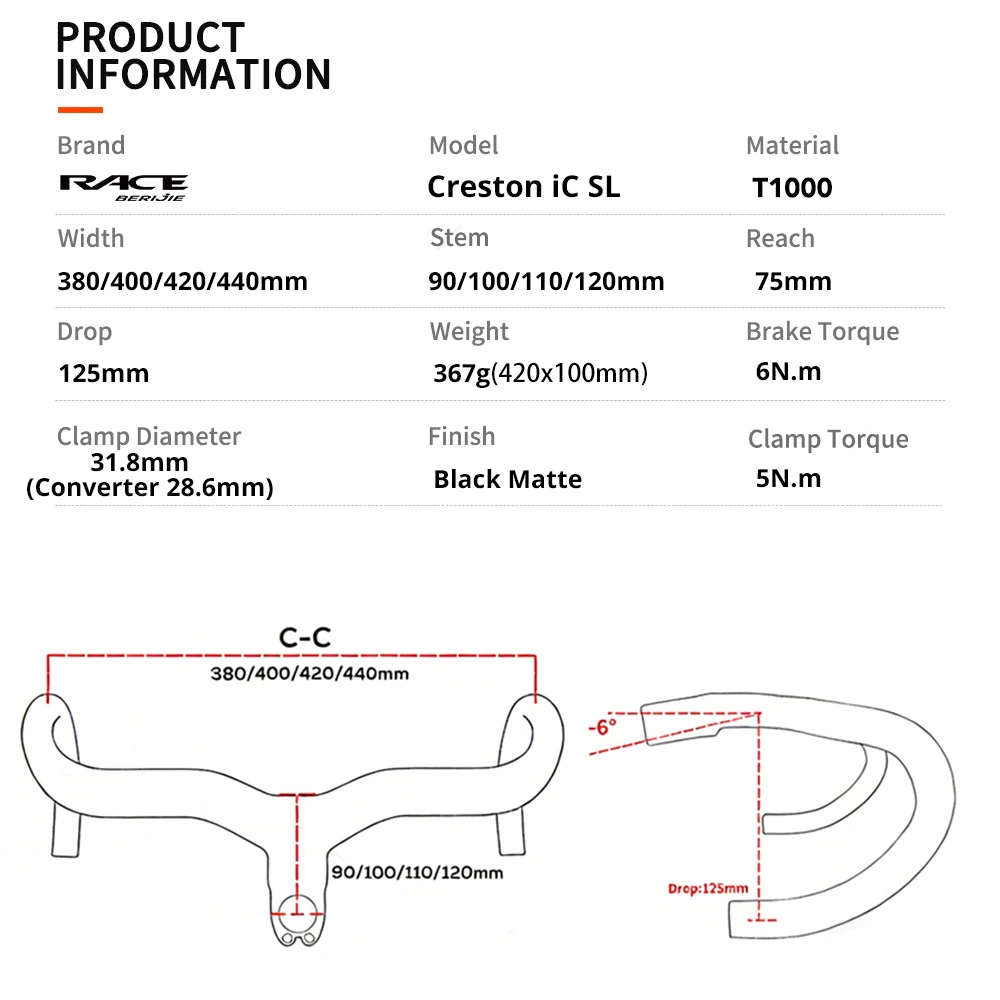 RACE Creston IC SL Full Carbon Handlebar Internal Routing Road Bicycle Handlebar, -6°, Matte Black Integrated Cockpit With Mount