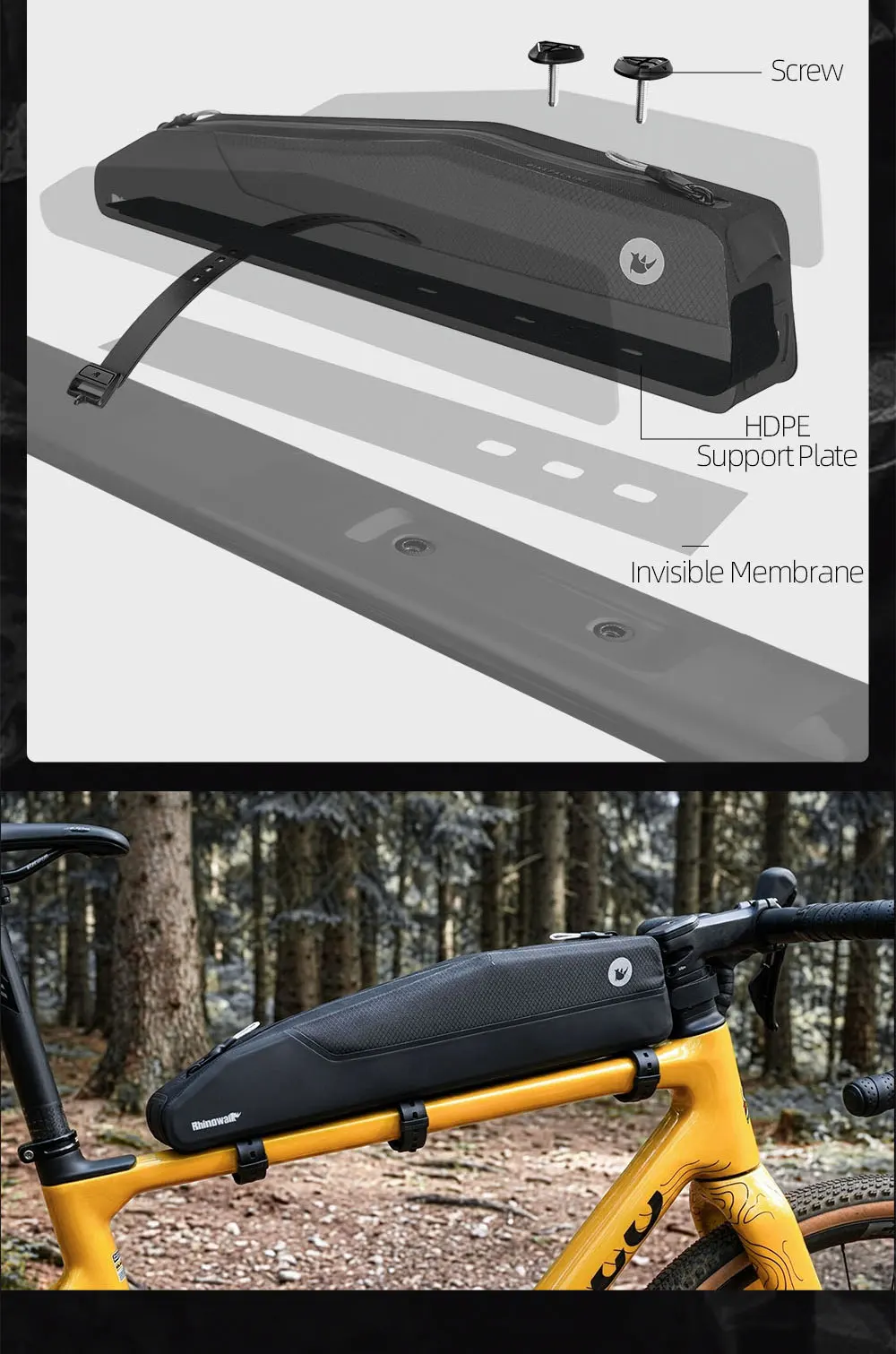 Rhinowalk Bike Top Tube Bag Waterproof 2L Bicycle Front Tube Bag Cycling Frame Storage Pack For MTB Road Gravel Bike Backpacking