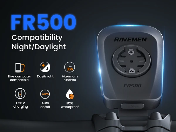 RAVEMEN FR1100 SE FR500 Bike Headlight For Garmin Wahoo Bicycle Front Lamp Rechargeable Side Visibility Day&Night AOM06 Mount