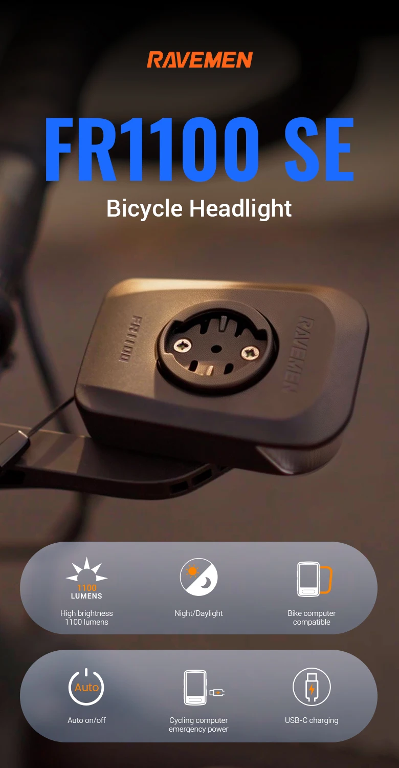 RAVEMEN FR1100 SE FR500 Bike Headlight For Garmin Wahoo Bicycle Front Lamp Rechargeable Side Visibility Day&Night AOM06 Mount