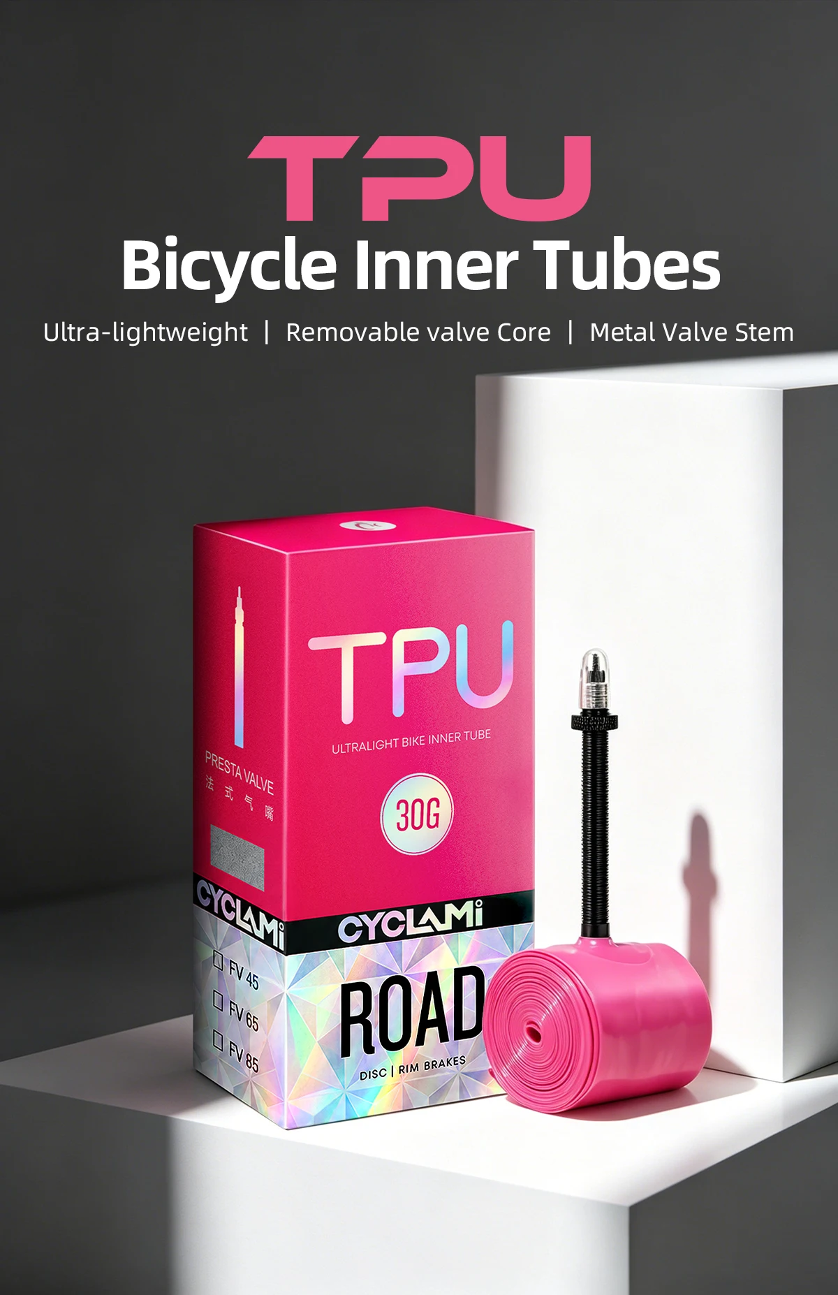 10 Pcs CYCLAMI Bike Inner Tube Stainless Steel Valve French Presta Pink TPU For Road Bicycle Tire 700C 700 X 18 23 25 28 30 32 C