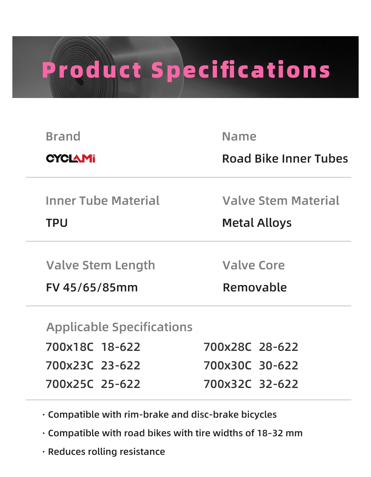 10 Pcs CYCLAMI Bike Inner Tube Stainless Steel Valve French Presta Pink TPU For Road Bicycle Tire 700C 700 X 18 23 25 28 30 32 C