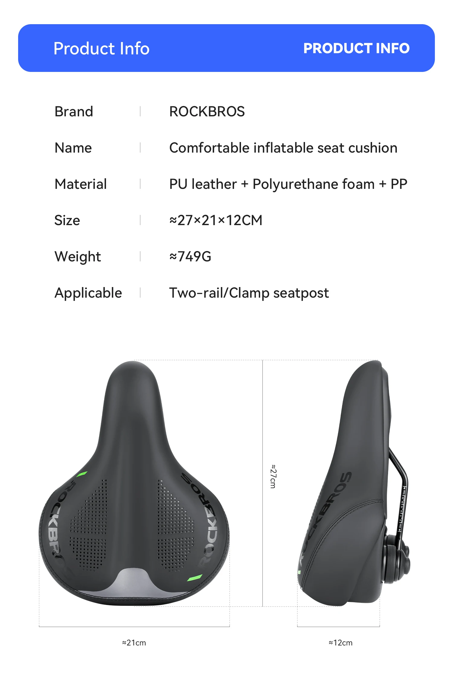 ROCKBROS Bicycle Saddle Double Shock Absorption Bike Airbag Seat Cushion Thicken High Density Foam Non-slip Comfortable Saddle