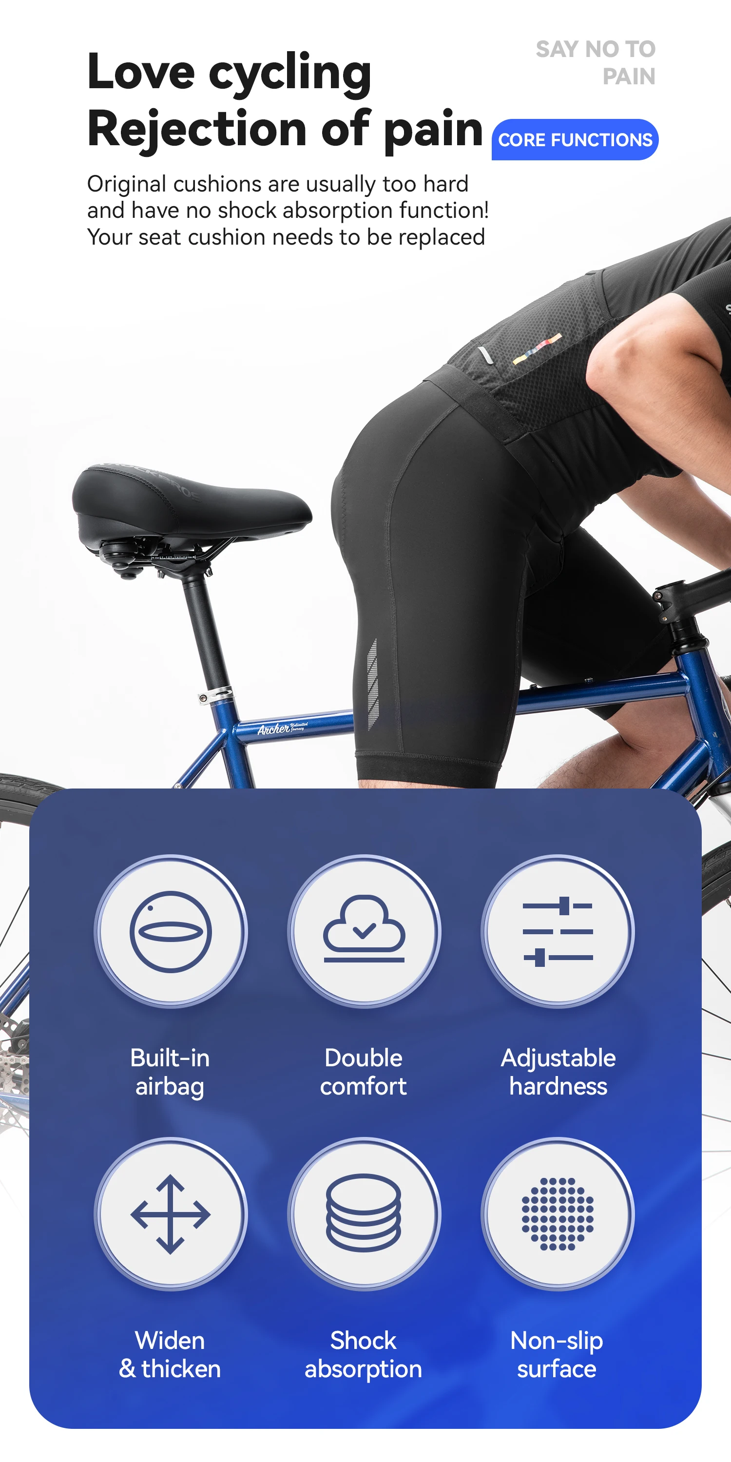 ROCKBROS Bicycle Saddle Double Shock Absorption Bike Airbag Seat Cushion Thicken High Density Foam Non-slip Comfortable Saddle