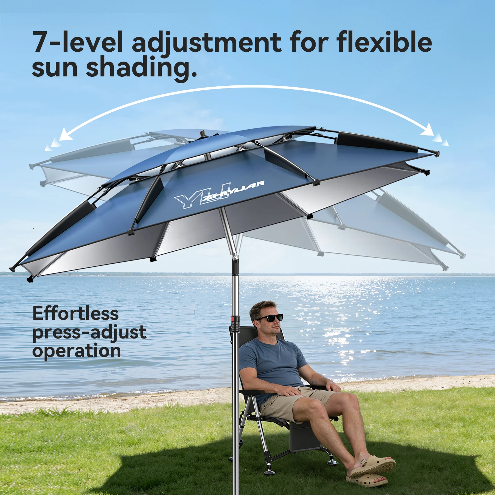 Large Fishing Outdoor Umbrella | Beach Sun Umbrella UPF 50+ Sun UV Protection Waterproof Windproof Foldable Portable Adjustable