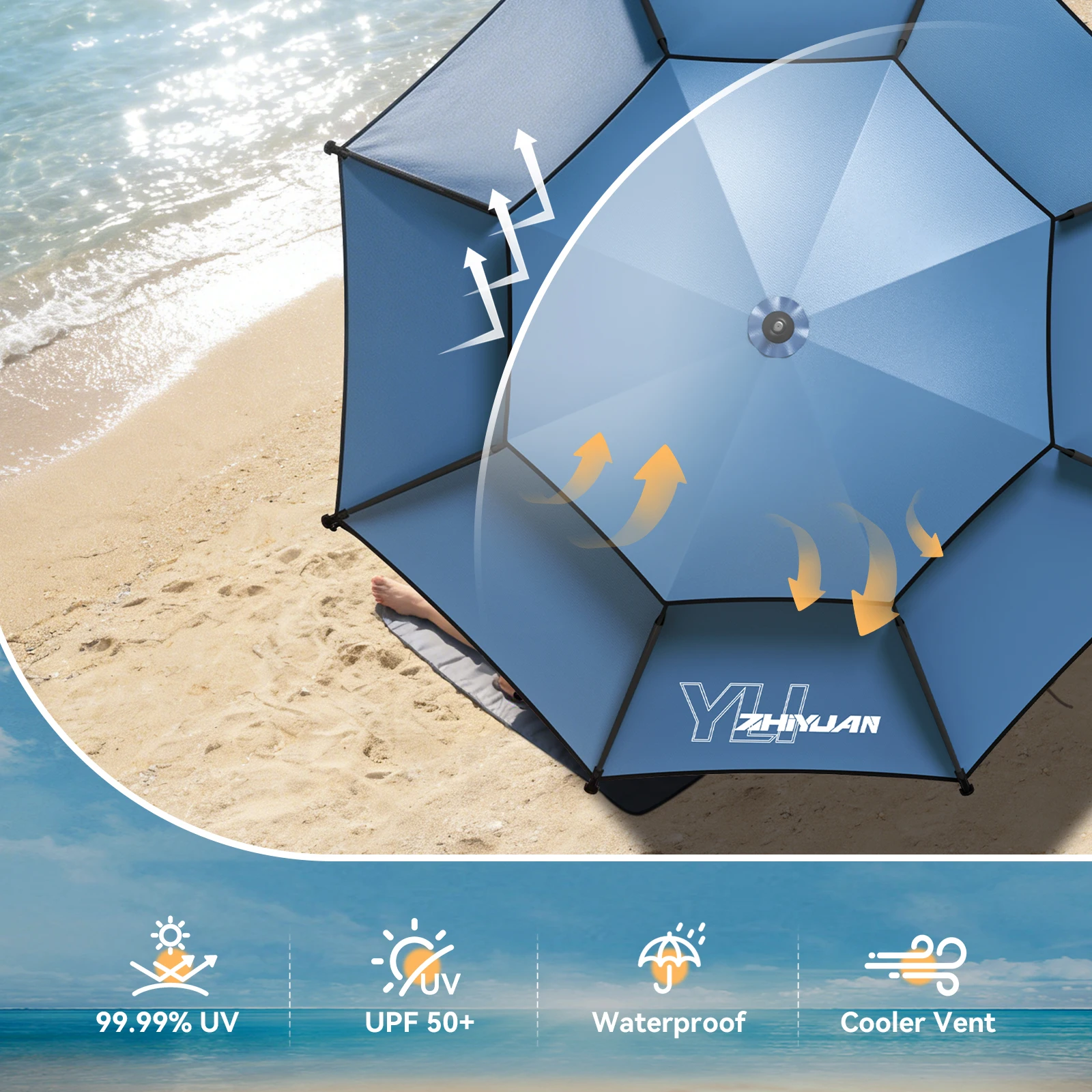 Large Fishing Outdoor Umbrella | Beach Sun Umbrella UPF 50+ Sun UV Protection Waterproof Windproof Foldable Portable Adjustable