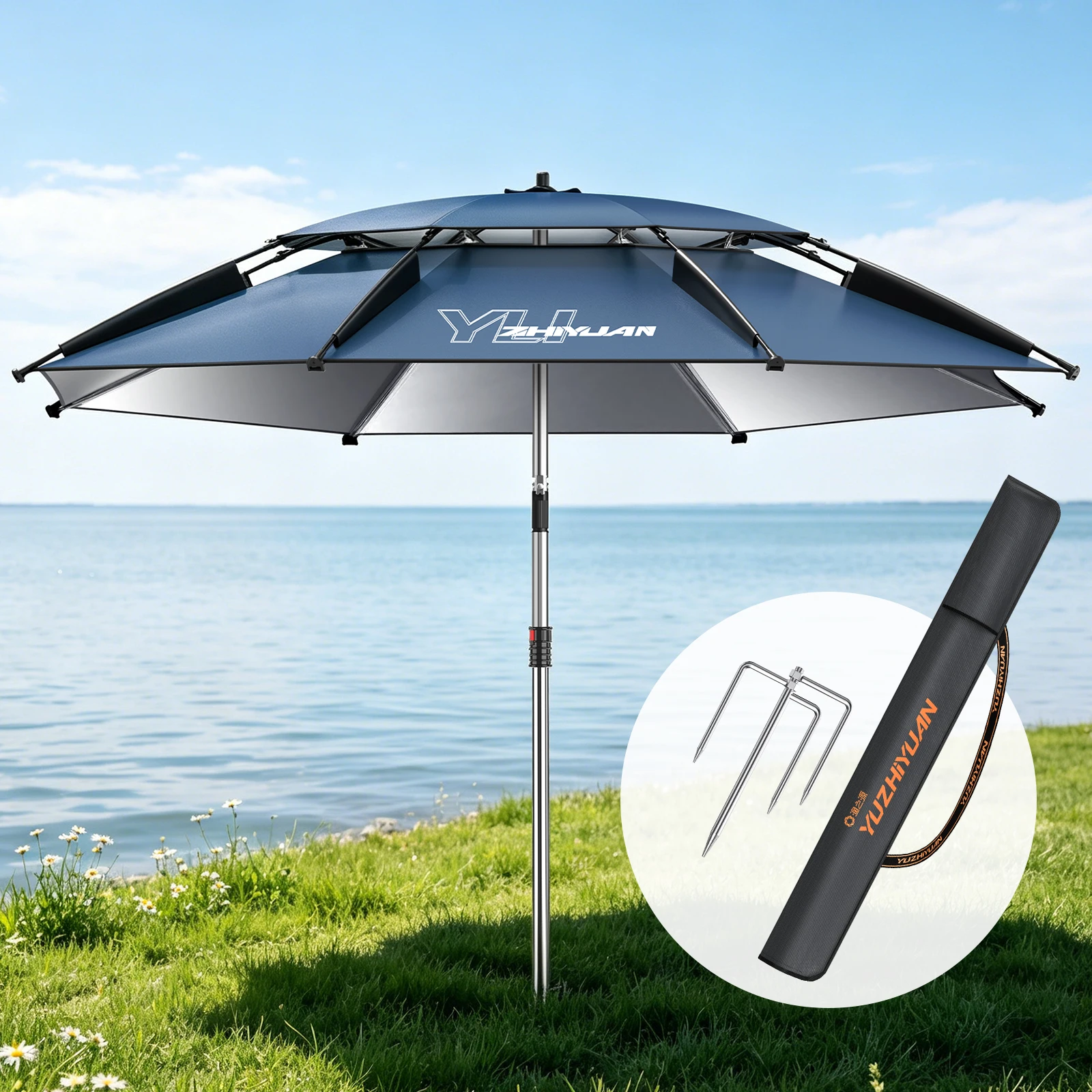 Large Fishing Outdoor Umbrella | Beach Sun Umbrella UPF 50+ Sun UV Protection Waterproof Windproof Foldable Portable Adjustable