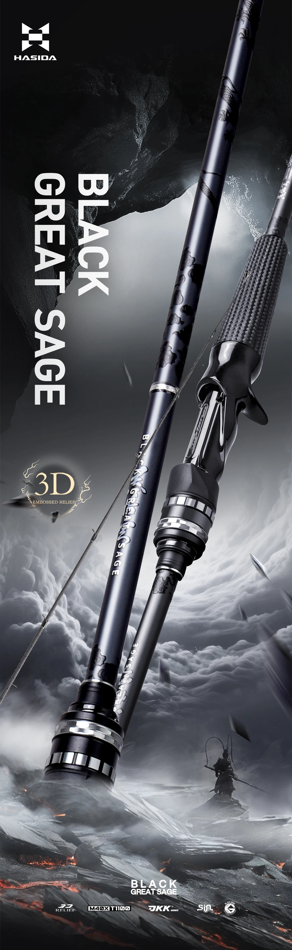 HASIDA Black Great Sage Bass Fishing Rod T1100+M40X Carbon 2-Piece Fast Action Titanium SIC Guides Spinning Casting Lure Rod