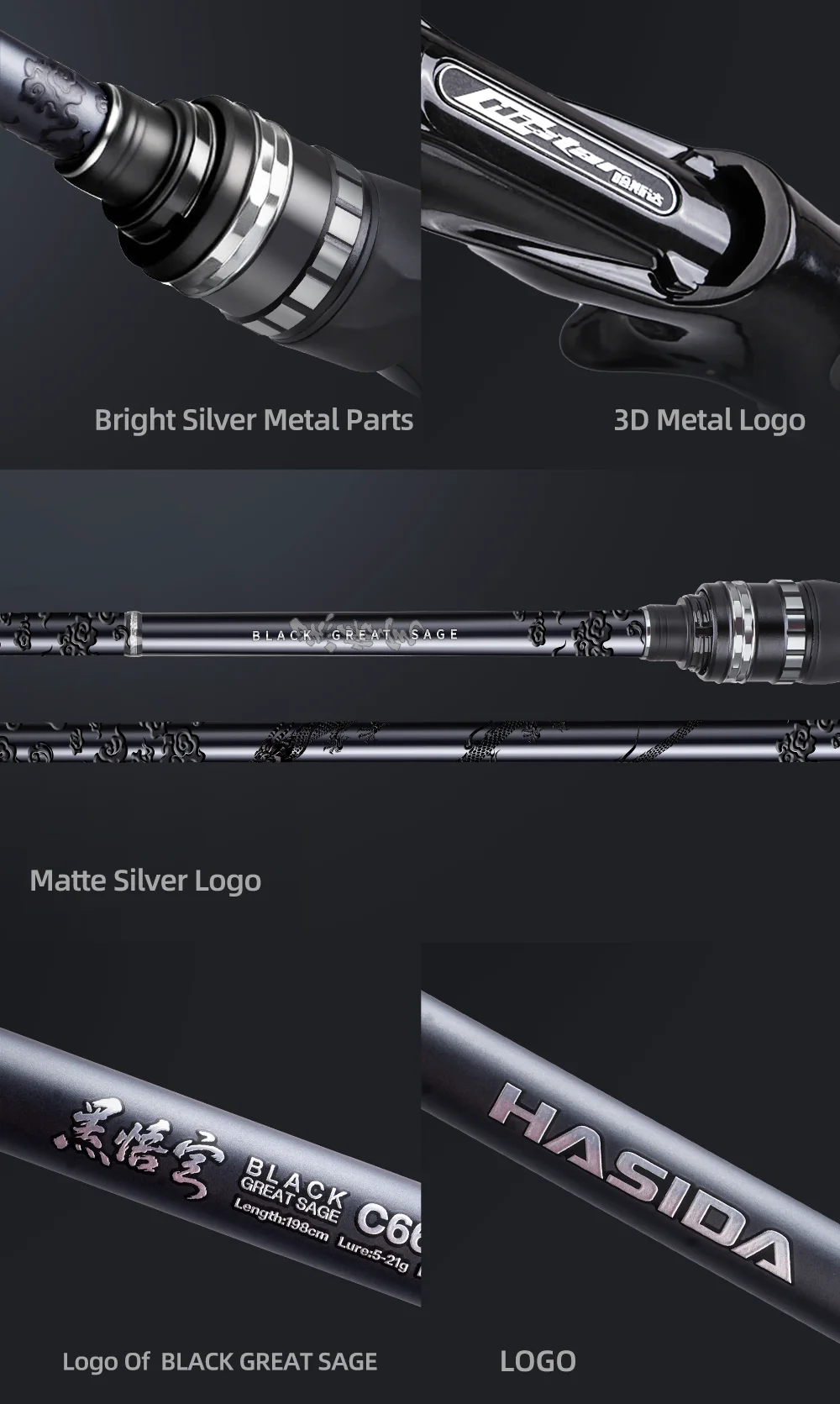 HASIDA Black Great Sage Bass Fishing Rod T1100+M40X Carbon 2-Piece Fast Action Titanium SIC Guides Spinning Casting Lure Rod