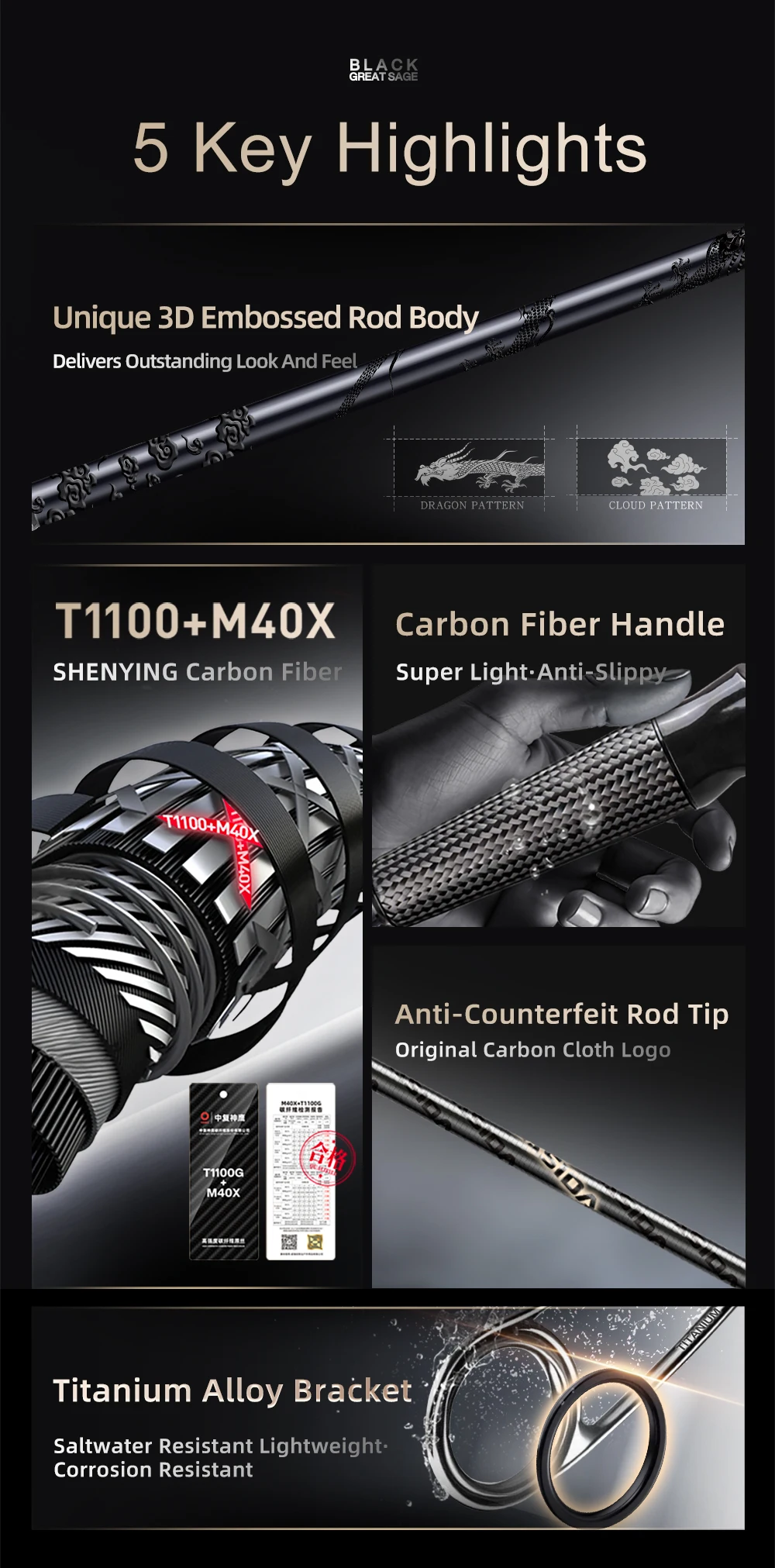HASIDA Black Great Sage Bass Fishing Rod T1100+M40X Carbon 2-Piece Fast Action Titanium SIC Guides Spinning Casting Lure Rod