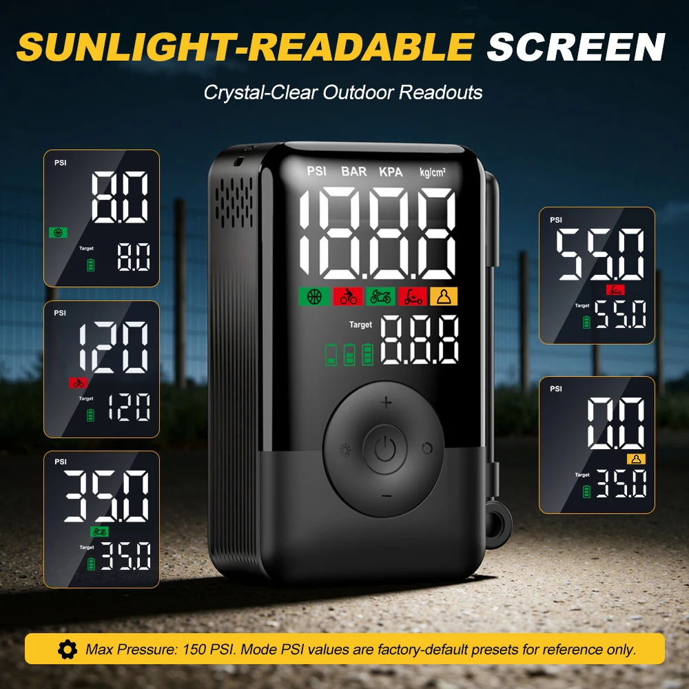 Carsun Wireless Rechargeable Air Pump Portable Digital Tire Inflator for Motorcycle Bicycle and Daily Outdoor Inflation