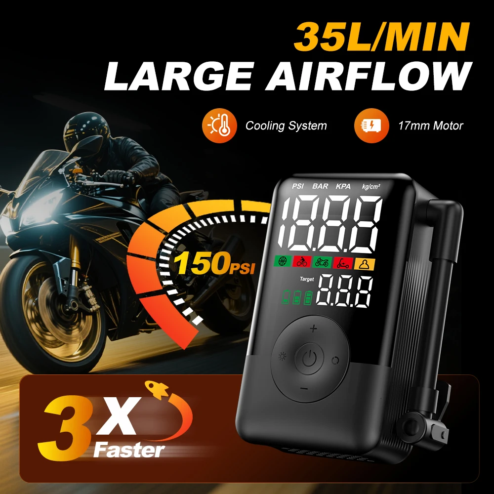 Carsun Wireless Rechargeable Air Pump Portable Digital Tire Inflator for Motorcycle Bicycle and Daily Outdoor Inflation