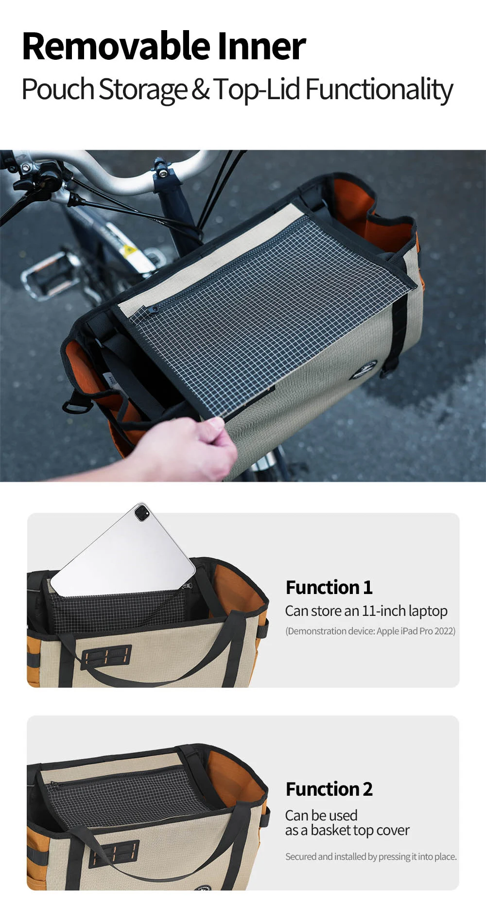 Rhinowalk Bike Front Handlebar Basket Bag 17L /24LFor Brompton Folding Bike Only Fit Official Block