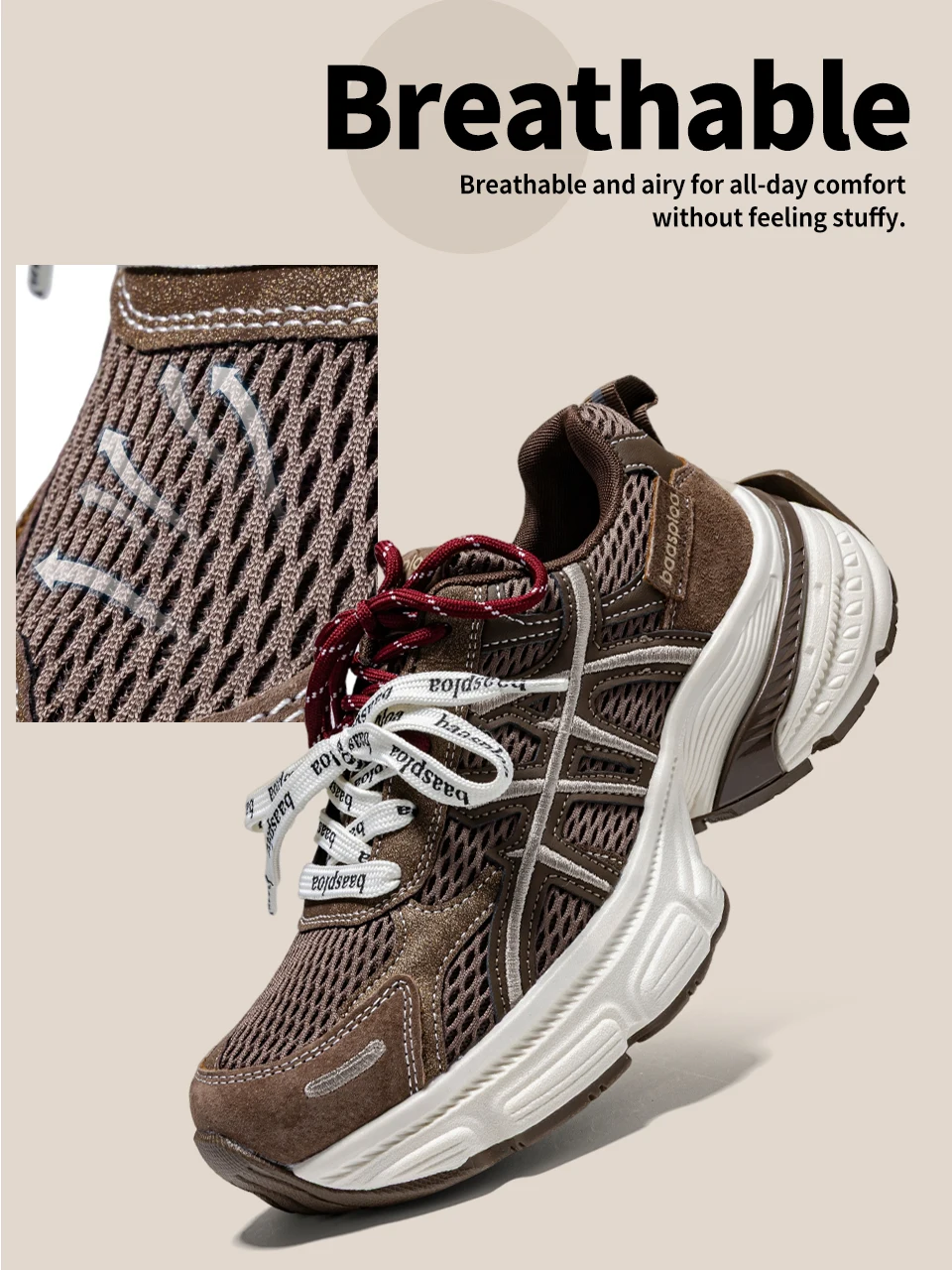 Baasploa Women Walking Shoes Mesh Breathable Casual Sneakers Female Fashion Height Increase Chunky Sneakers Retro Sport Shoes