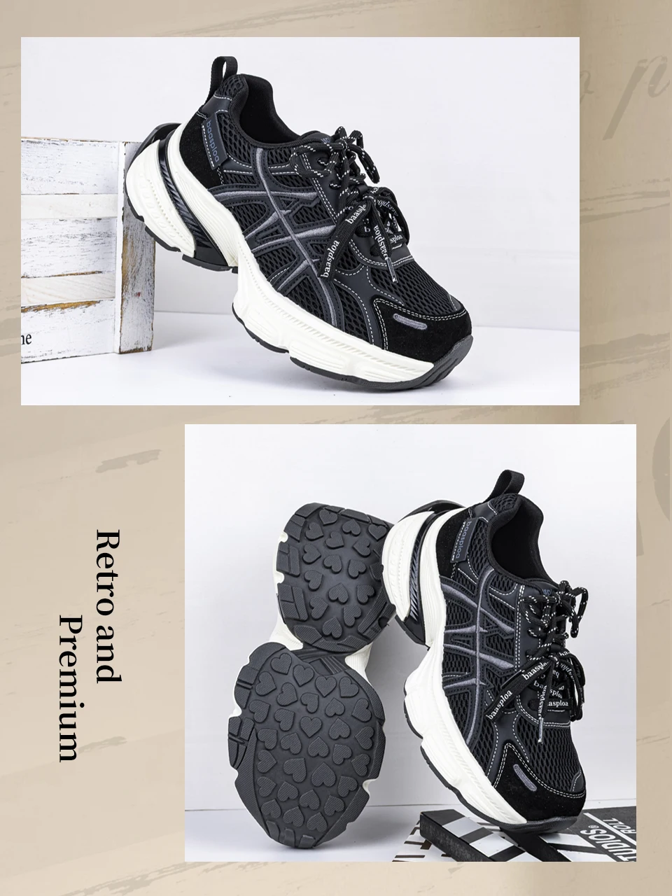 Baasploa Women Walking Shoes Mesh Breathable Casual Sneakers Female Fashion Height Increase Chunky Sneakers Retro Sport Shoes