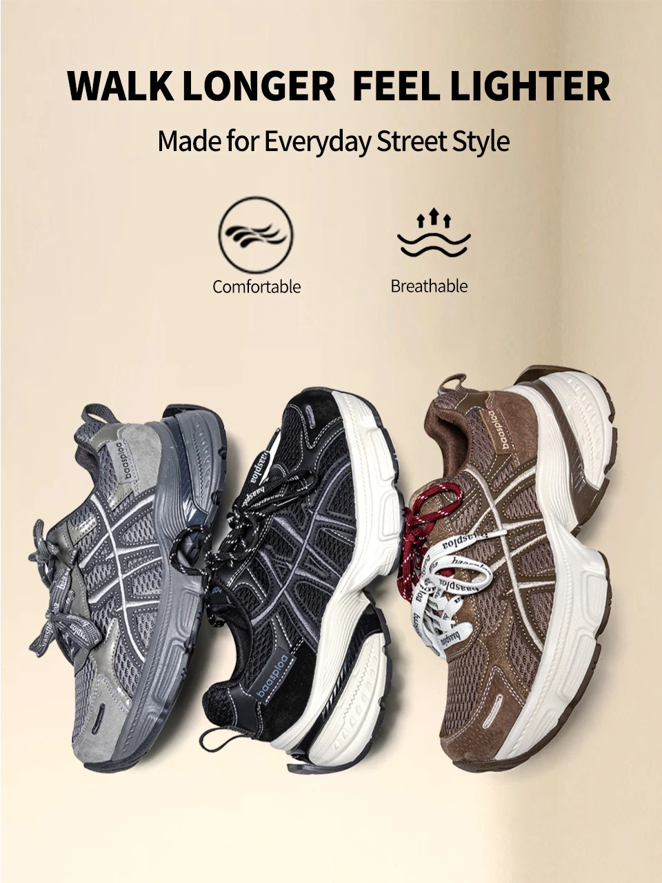 Baasploa Women Walking Shoes Mesh Breathable Casual Sneakers Female Fashion Height Increase Chunky Sneakers Retro Sport Shoes
