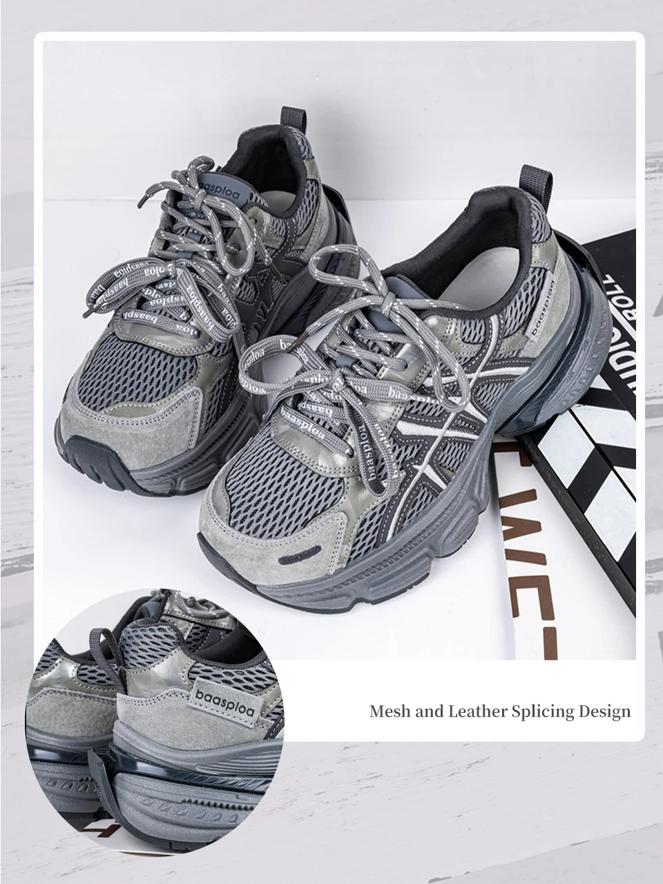 Baasploa Women Walking Shoes Mesh Breathable Casual Sneakers Female Fashion Height Increase Chunky Sneakers Retro Sport Shoes