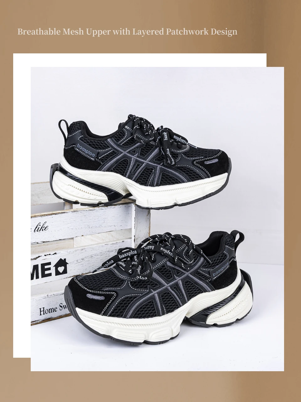 Baasploa Women Walking Shoes Mesh Breathable Casual Sneakers Female Fashion Height Increase Chunky Sneakers Retro Sport Shoes
