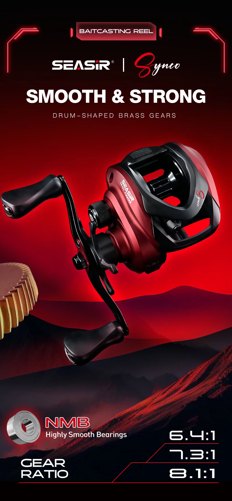 SEASIR SYNCO Baitcasting Reel 6.4/7.3/8.1 Gear Ratio Brass Gear NMB Bearings 5+1 Resistant 8kg Drag Saltwater Fishing Reel