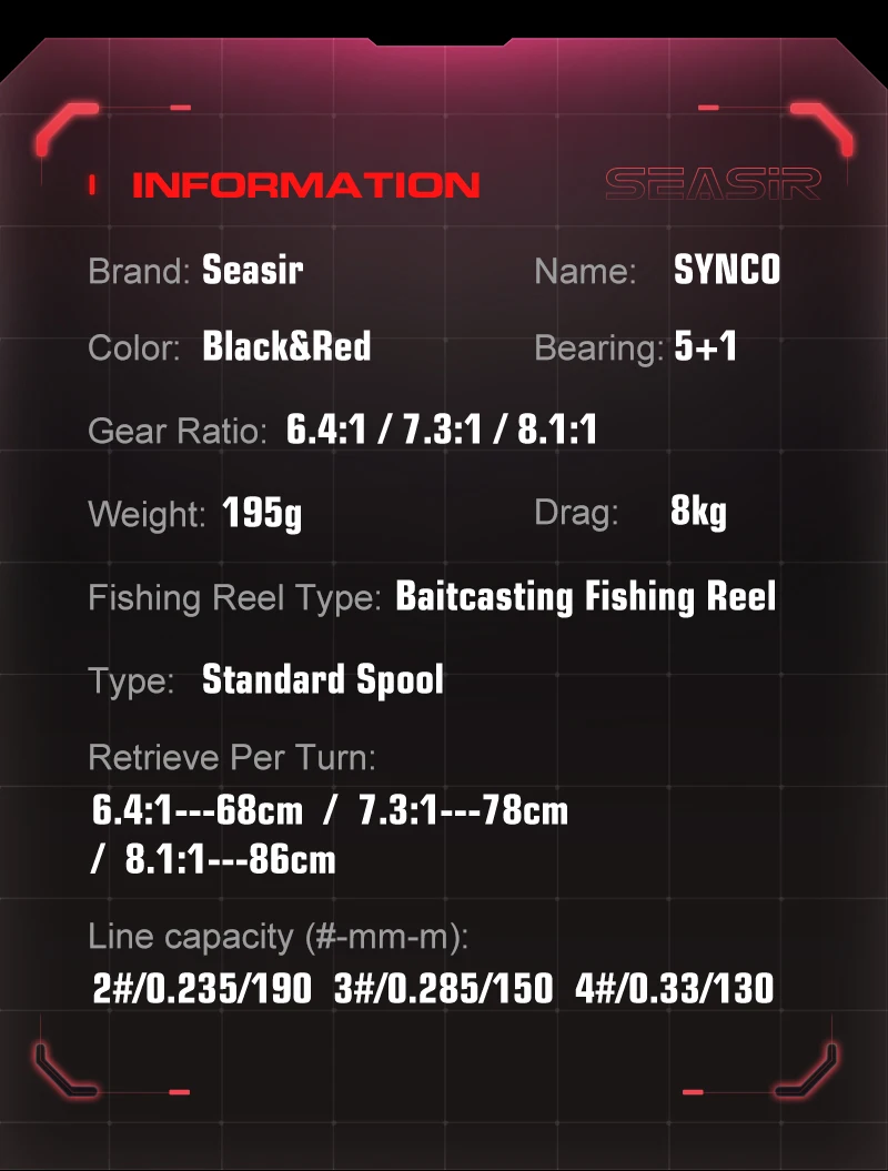 SEASIR SYNCO Baitcasting Reel 6.4/7.3/8.1 Gear Ratio Brass Gear NMB Bearings 5+1 Resistant 8kg Drag Saltwater Fishing Reel