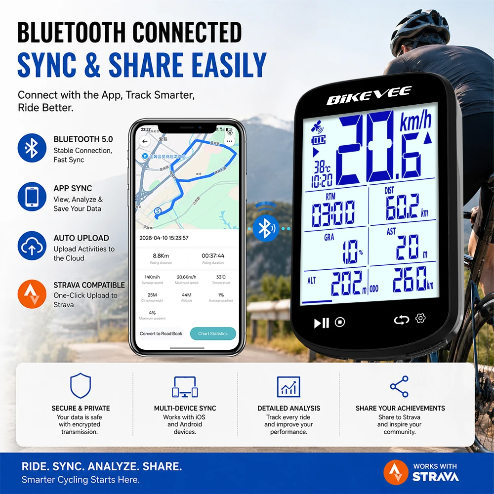 Multifunctional Smart Bluetooth Wireless GPS Bike Computer 2.6" LCD Large-Screen Digital Display with Auto Backlight Speedometer